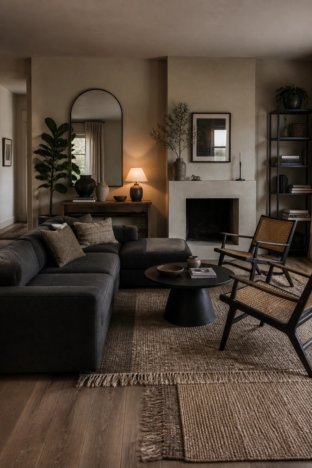 A living room with a dark gray sectional sofa, round black coffee table on layered rugs, two woven wood chairs, and a fireplace with neutral accessories.