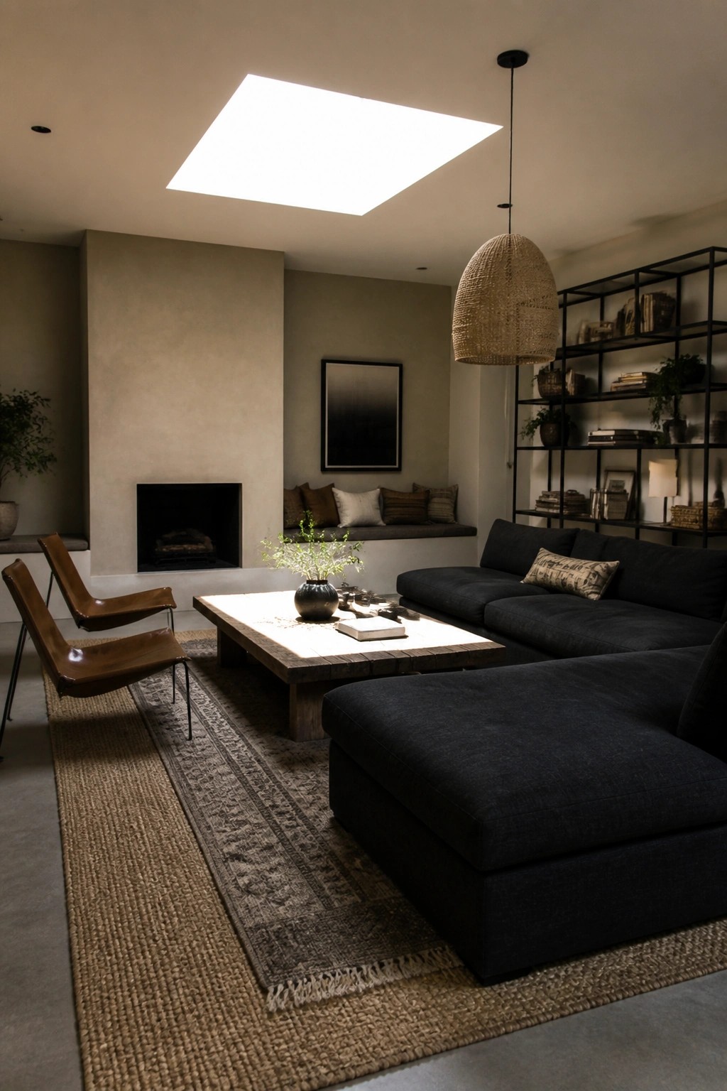 Minimalist living room with dark sectional sofa, wooden coffee table, leather chairs, and skylight.