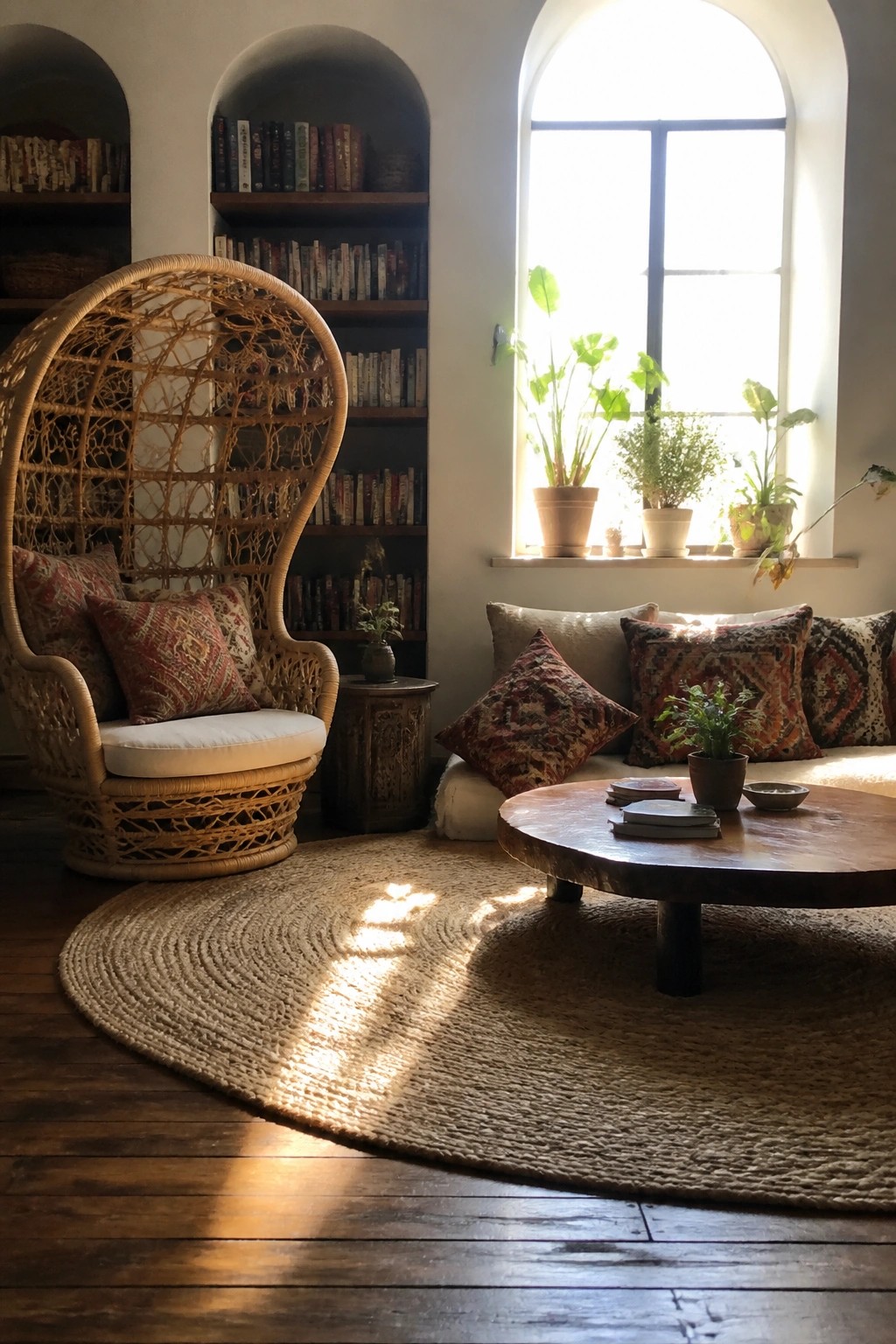 A sunlit living room featuring a large woven rattan chair with patterned cushions, a round jute rug, a wooden coffee table, built-in bookshelves, and potted plants on a windowsill.