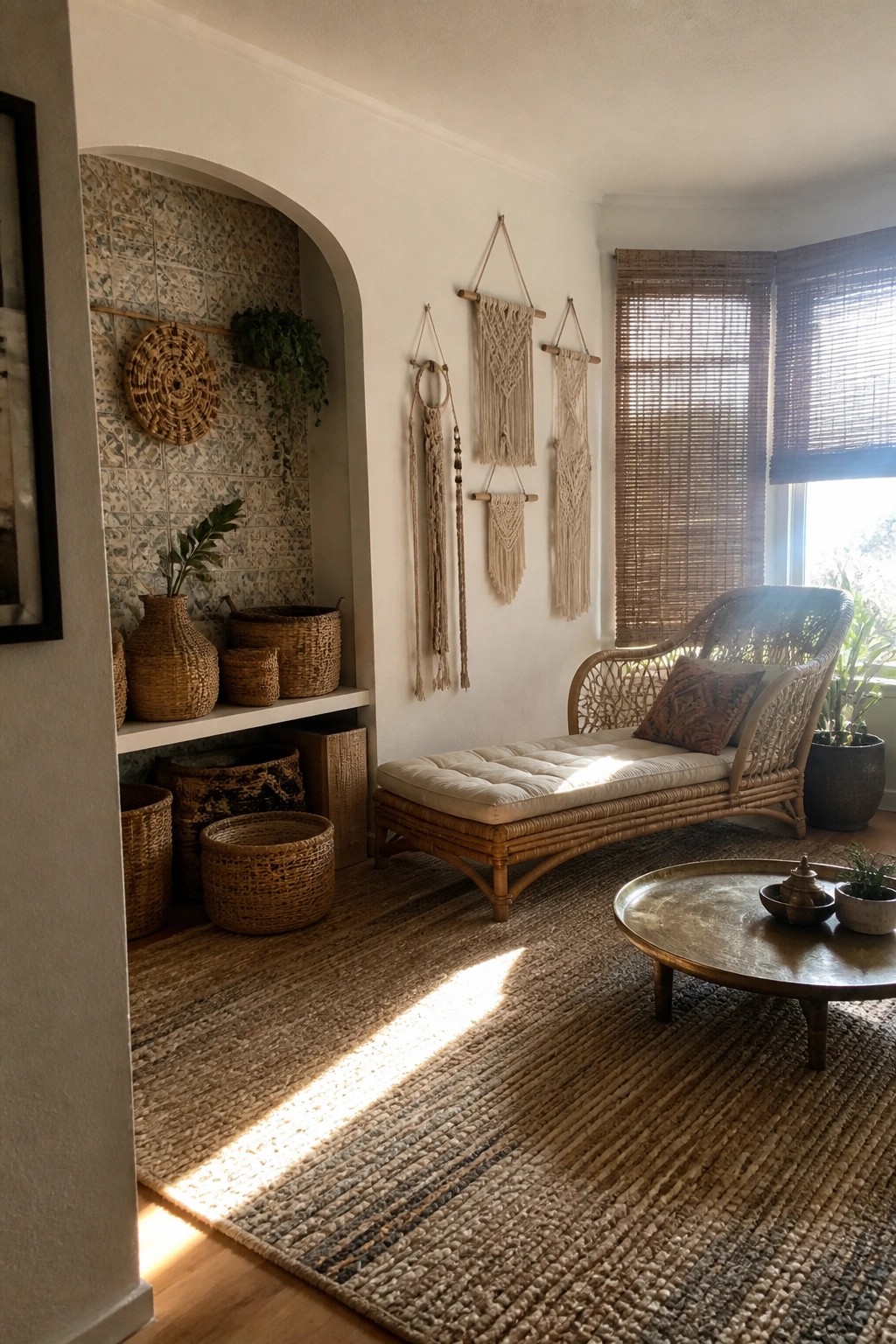 A bright living room corner with a rattan chaise lounge on a large jute rug, macrame hangings on the wall, and woven baskets on shelves inside an arched alcove.
