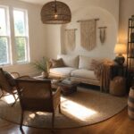 A living room featuring a round jute rug, several rattan chairs, a wooden coffee table, and a white sofa positioned near large windows.