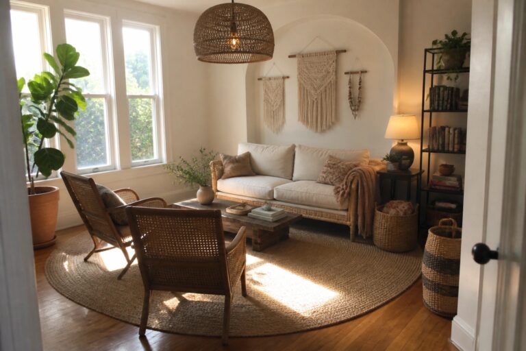20 Organic Boho Chic Living Room Ideas Using Rattan and Jute A living room featuring a round jute rug, several rattan chairs, a wooden coffee table, and a white sofa positioned near large windows.