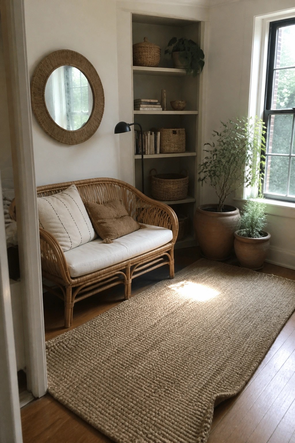 A rattan sofa with white cushions sits on a large jute rug in front of built-in shelves holding books and baskets, next to a window with potted plants.