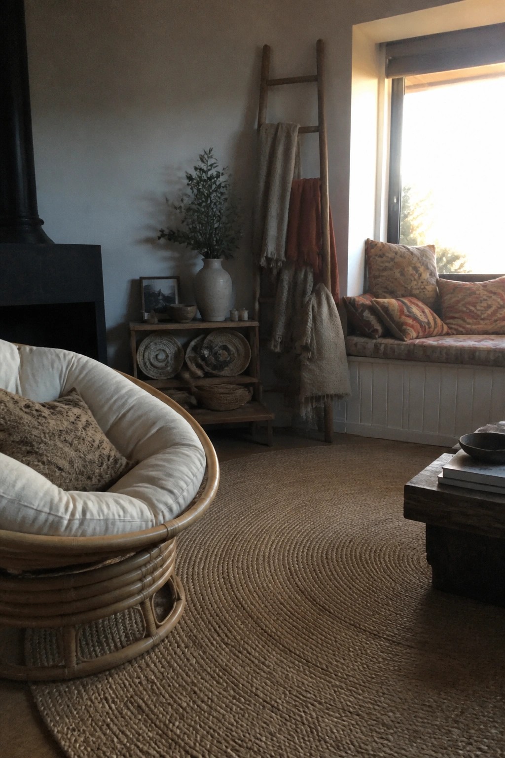 Cozy rustic room with rattan chair, jute rug, wooden ladder, and window seat.