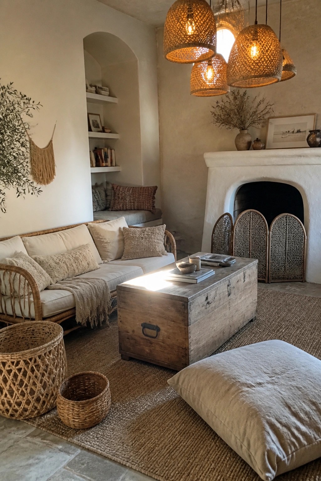 A living room featuring a rattan sofa, wooden trunk coffee table, woven pendant lights, built-in shelves, and a large jute rug.