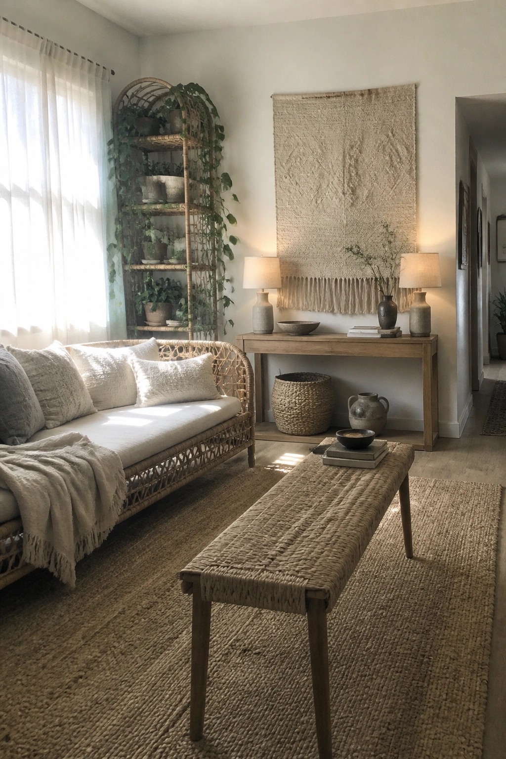 A living room with a rattan sofa, jute bench and rug, console table with lamps, and a large woven wall hanging.