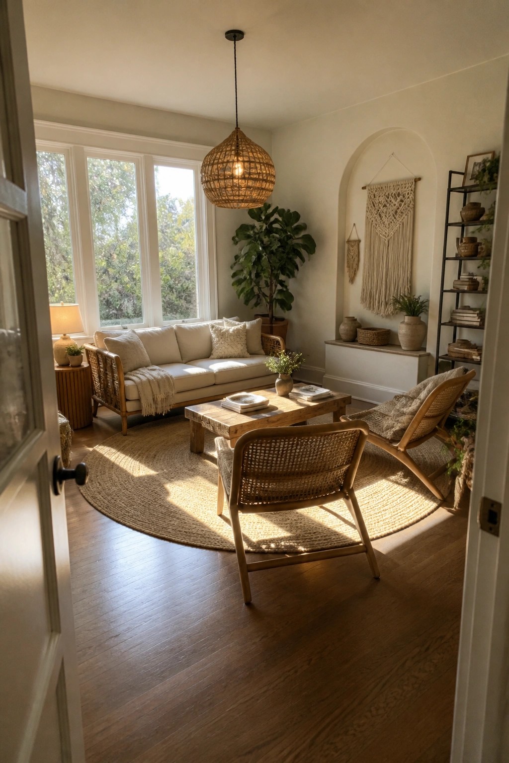 A living room featuring a round jute rug, several rattan chairs, a wooden coffee table, and a white sofa positioned near large windows.