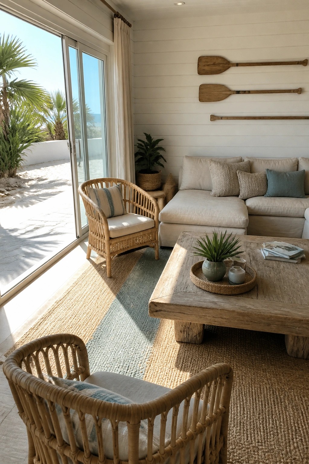 Living room interior showing two rattan armchairs on a jute rug, a wooden coffee table, and a beige sectional sofa against white shiplap walls.