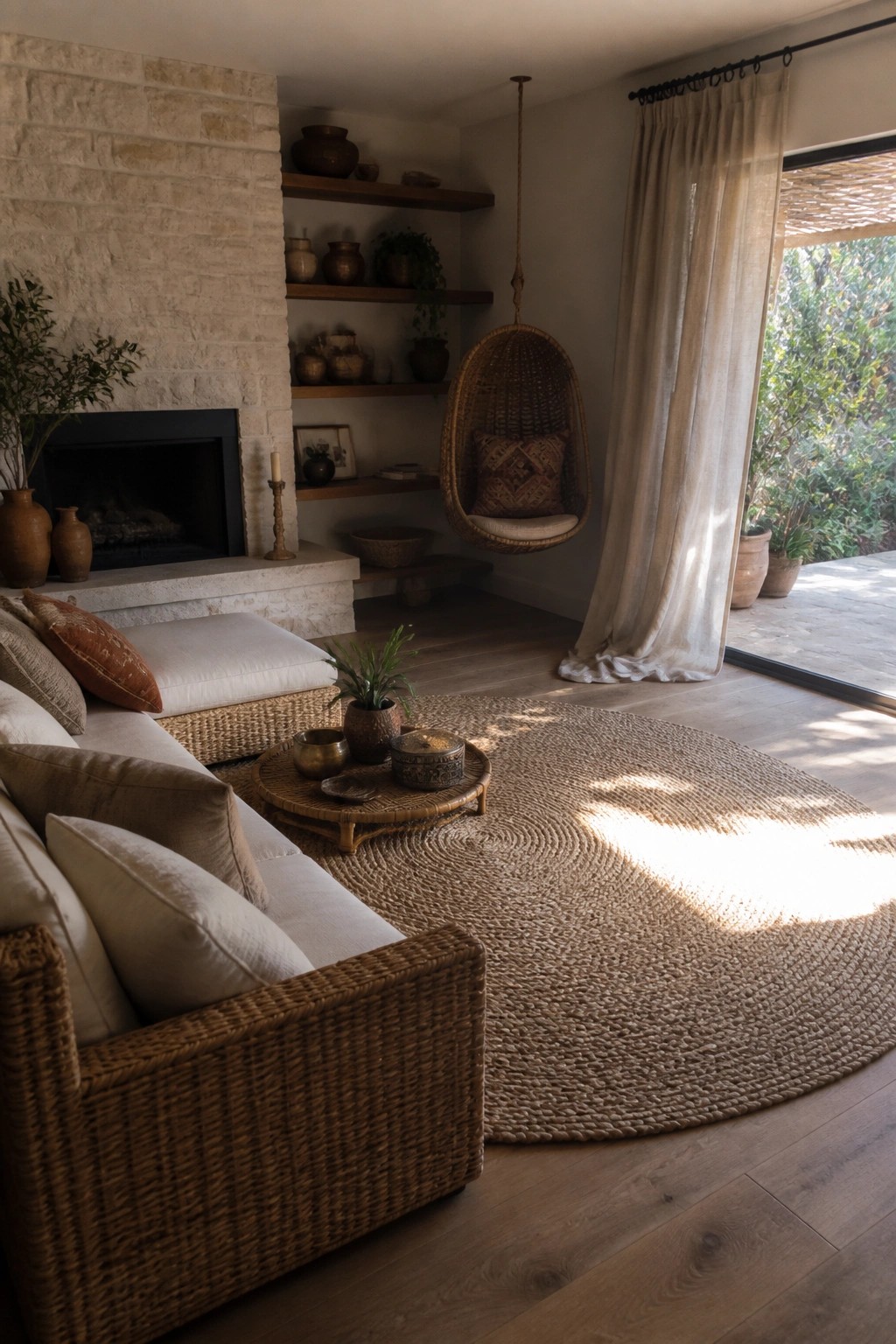 Bohemian living room with wicker sofa, hanging chair, stone fireplace, and woven rug.
