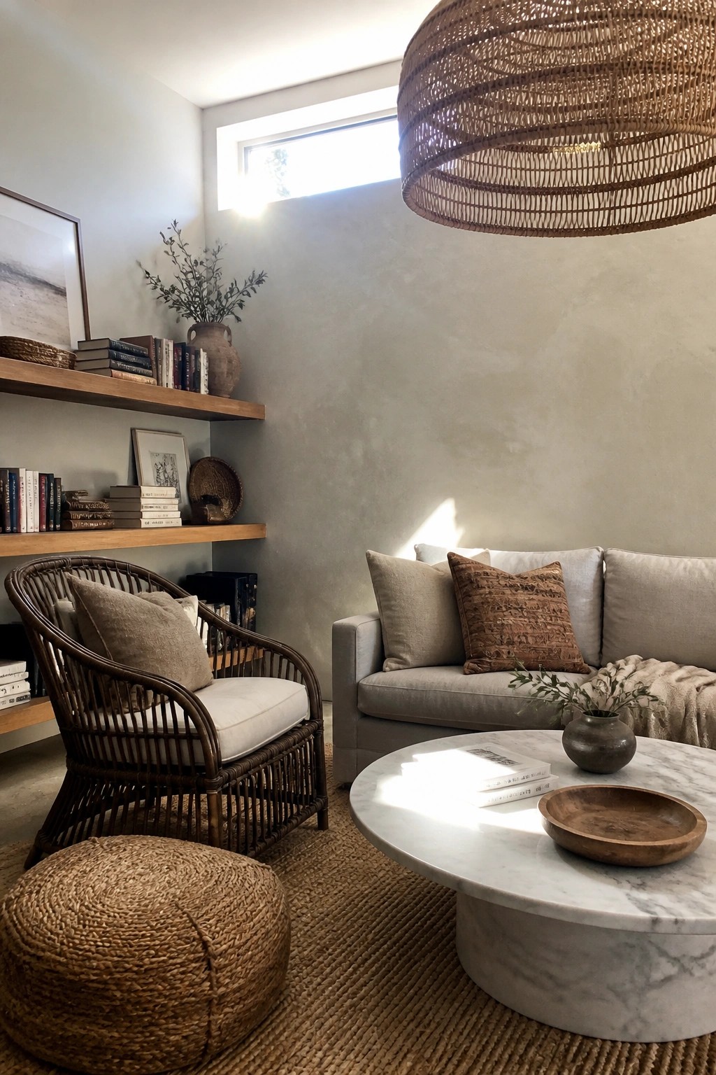 A living room with a rattan armchair, jute pouf on a jute rug, light gray sofa, round marble coffee table, and woven pendant light.