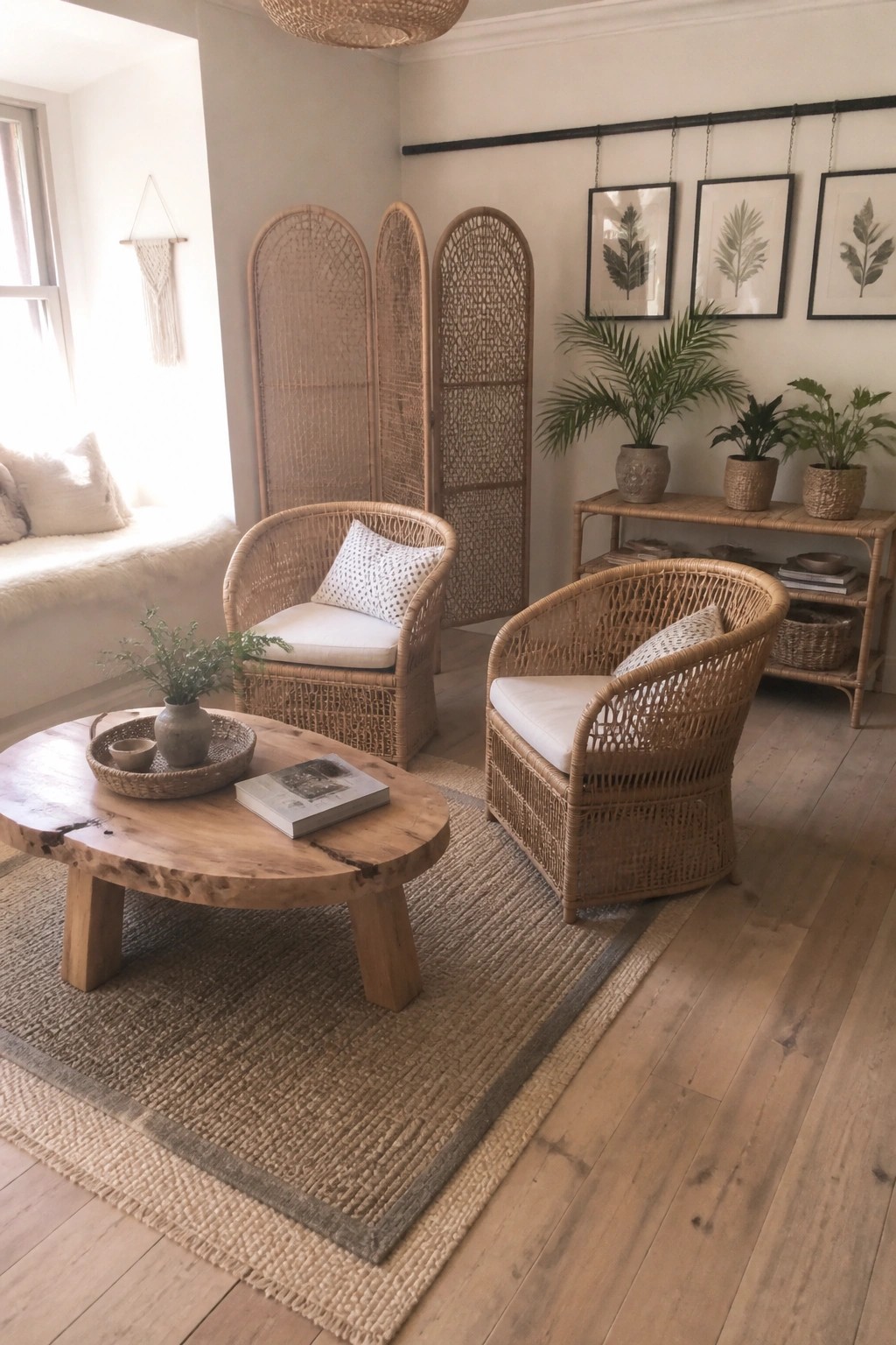 Two rattan armchairs with white cushions sit on a jute rug around a round wooden coffee table in a living room with woven screens and potted plants.