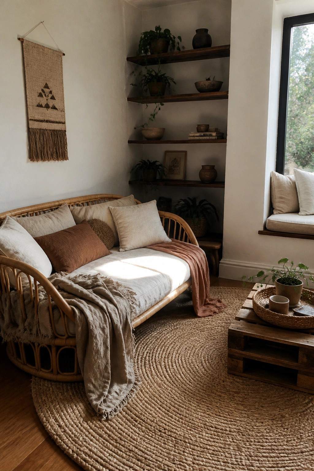 A rattan daybed with neutral cushions and a throw sits on a large round jute rug in front of wooden floating shelves holding plants and pottery.