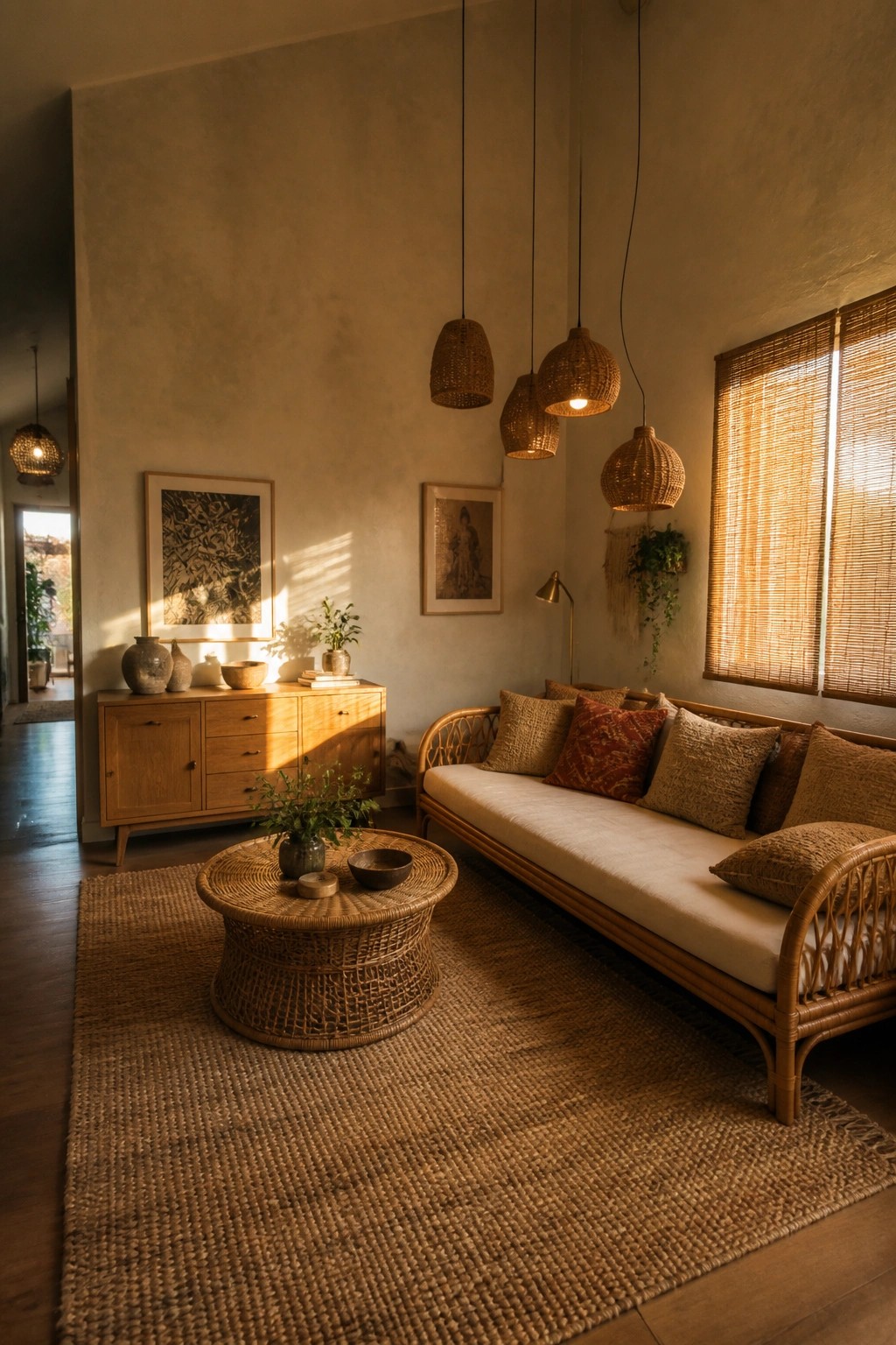 Living room with rattan daybed, round rattan coffee table, large jute rug, woven pendant lights, and wooden sideboard against a plain wall.