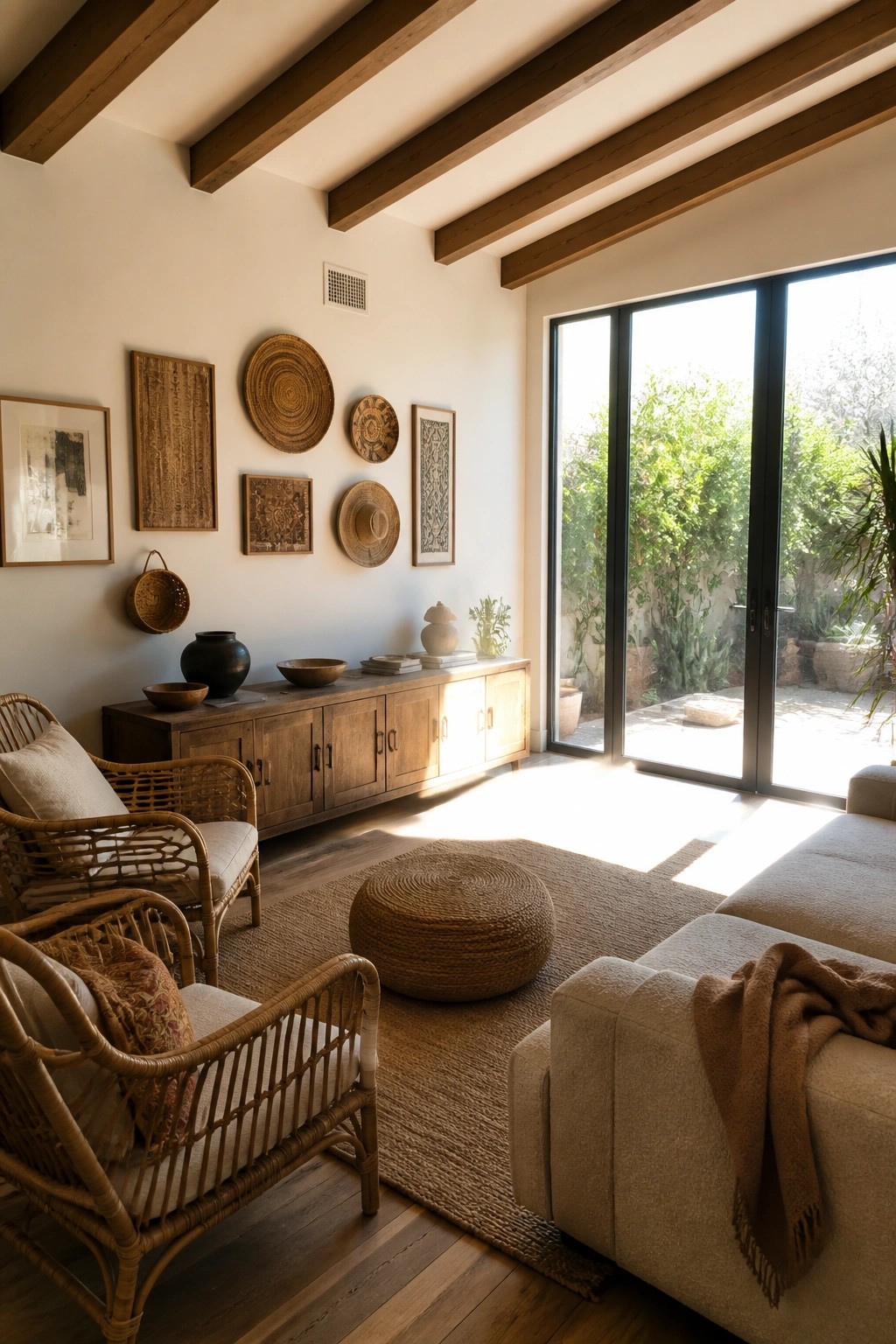 A living room featuring rattan armchairs on a large jute rug, a wooden console against the wall, and glass doors opening to an outdoor patio.