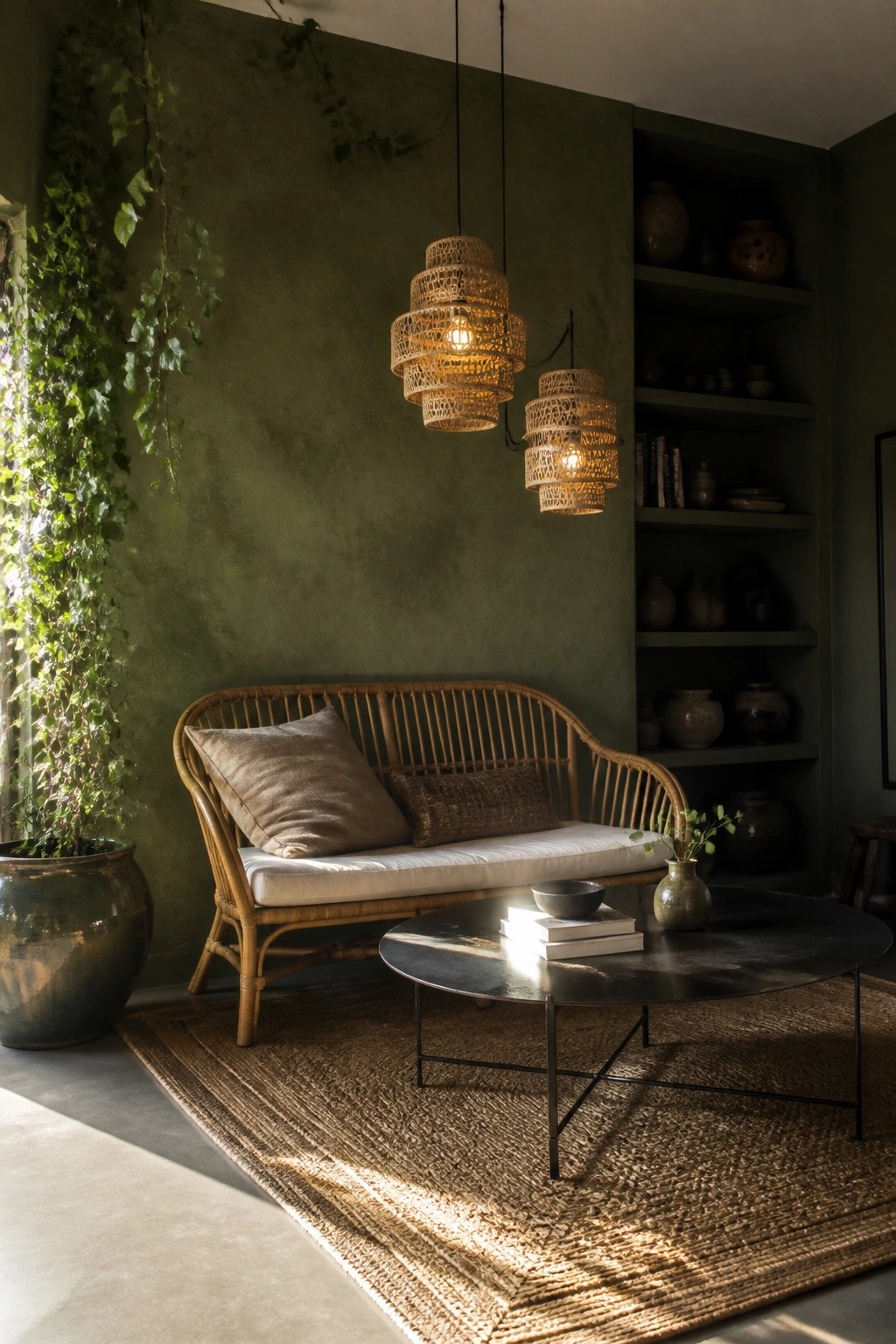 A rattan sofa with two pillows rests on a large jute rug beneath two woven pendant lights, next to a round metal coffee table and built-in shelves on a green wall.
