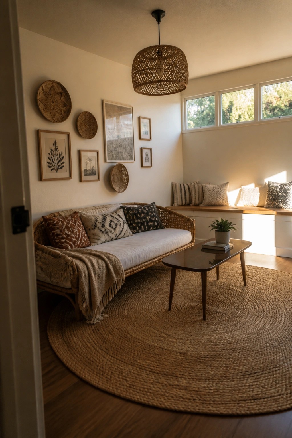 A living room with a rattan sofa on a large round jute rug, a woven pendant light overhead, and framed art on the wall.