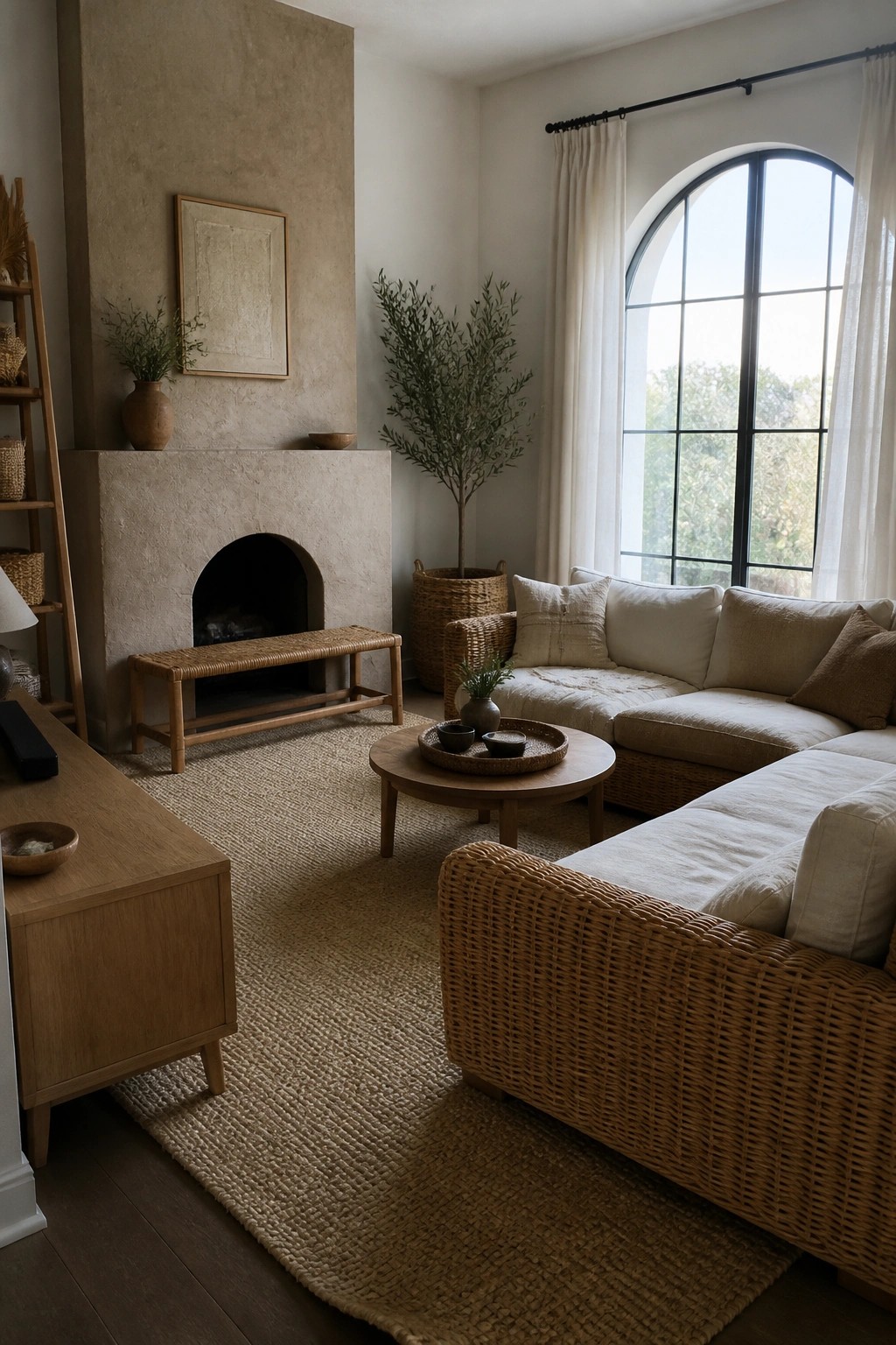 A living room with a large jute rug, rattan sofa and chair, wooden coffee table, and a stone fireplace.