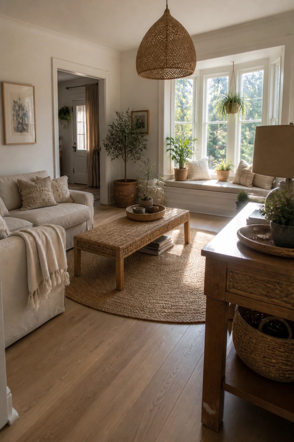 A living room with a round jute rug under a rectangular rattan coffee table, a light sofa on the left, and a window seat on the right.