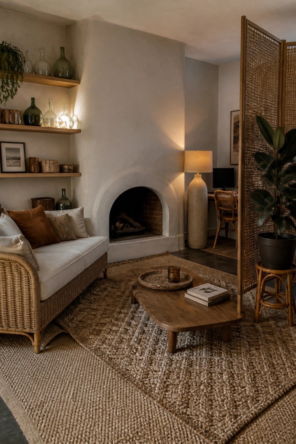 Cozy living room with white sofa, arched fireplace, wooden coffee table, and woven accents.