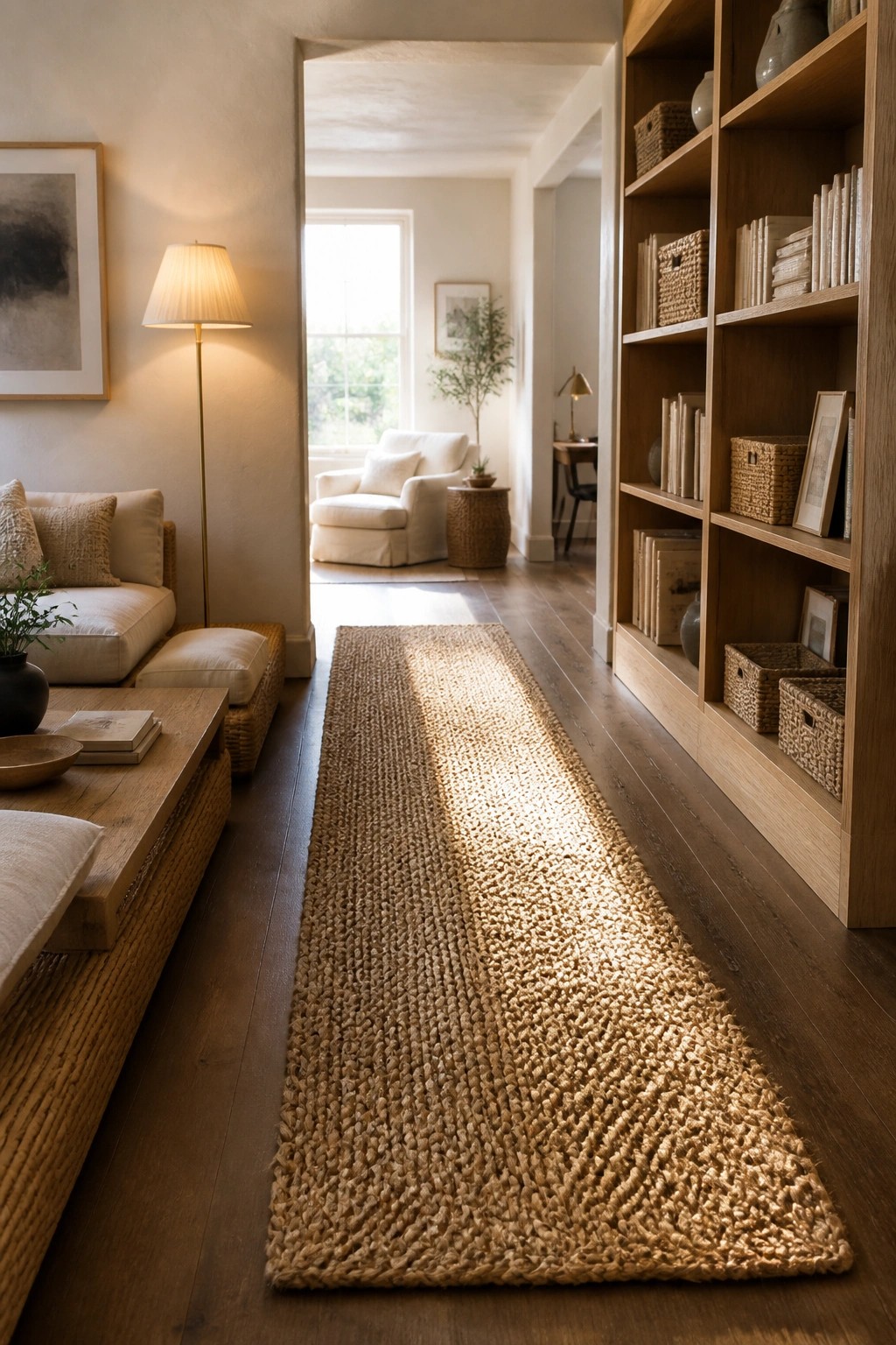 Sunlit hallway with textured jute runner rug, wooden bookshelf, and sofa