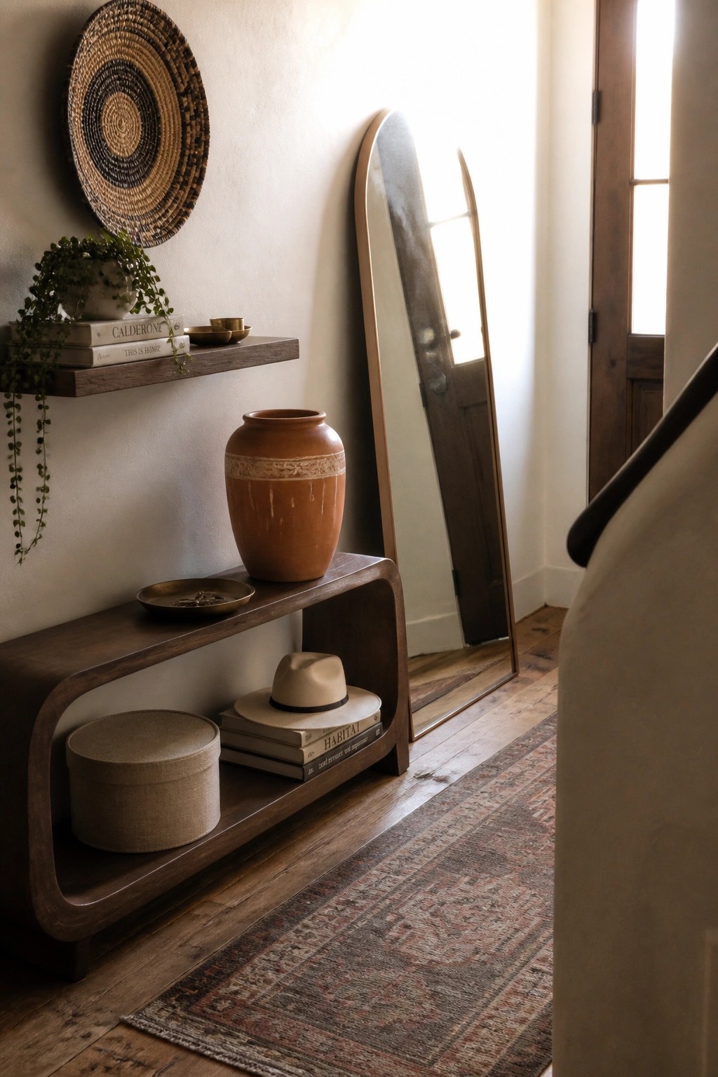 Wooden console with terracotta vase, books, hat, and arched mirror on rug