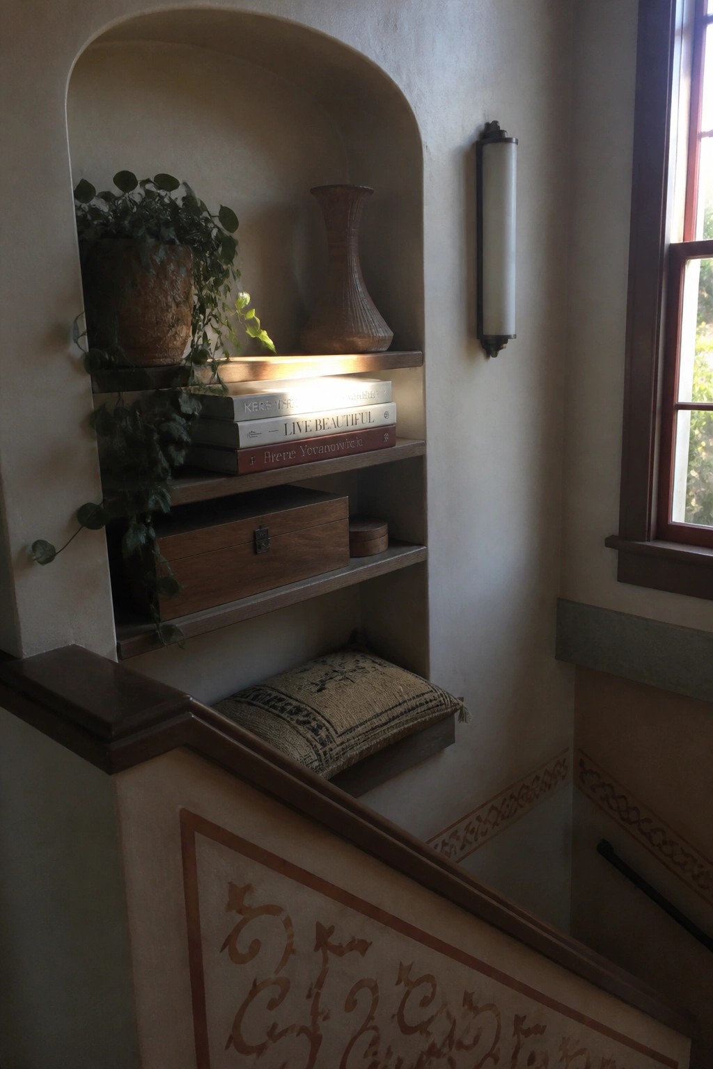 A recessed arched wall niche with wooden shelves holding stacked books, a potted plant, a wooden vase, and a small wooden box, with a decorative pillow on a lower ledge beside a staircase.