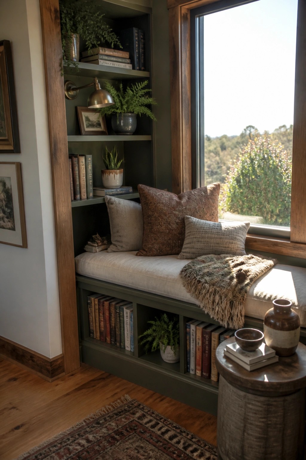 A built-in green bookshelf with a cushioned window seat, books, plants, and pottery arranged around a large window.