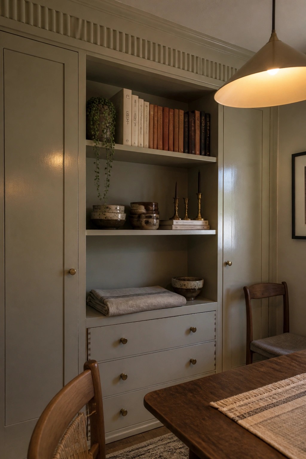 Built-in sage green cabinetry with open shelves holding books, pottery bowls, candles, and a trailing plant above three drawers, next to a wooden dining table.