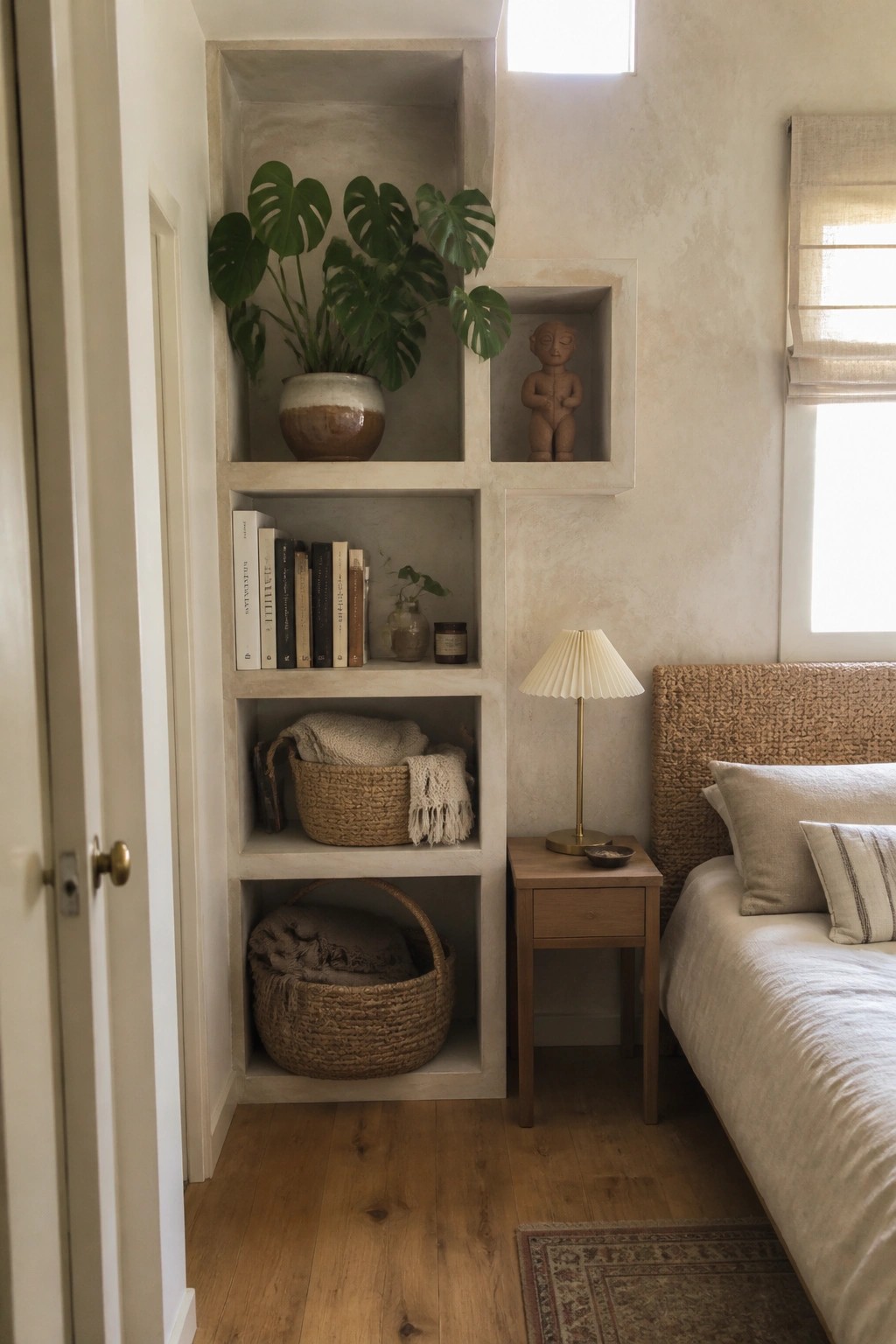 A bedroom corner with recessed built-in shelves holding books, potted plants, woven baskets, and a small clay figure, next to a bed with a wooden nightstand.