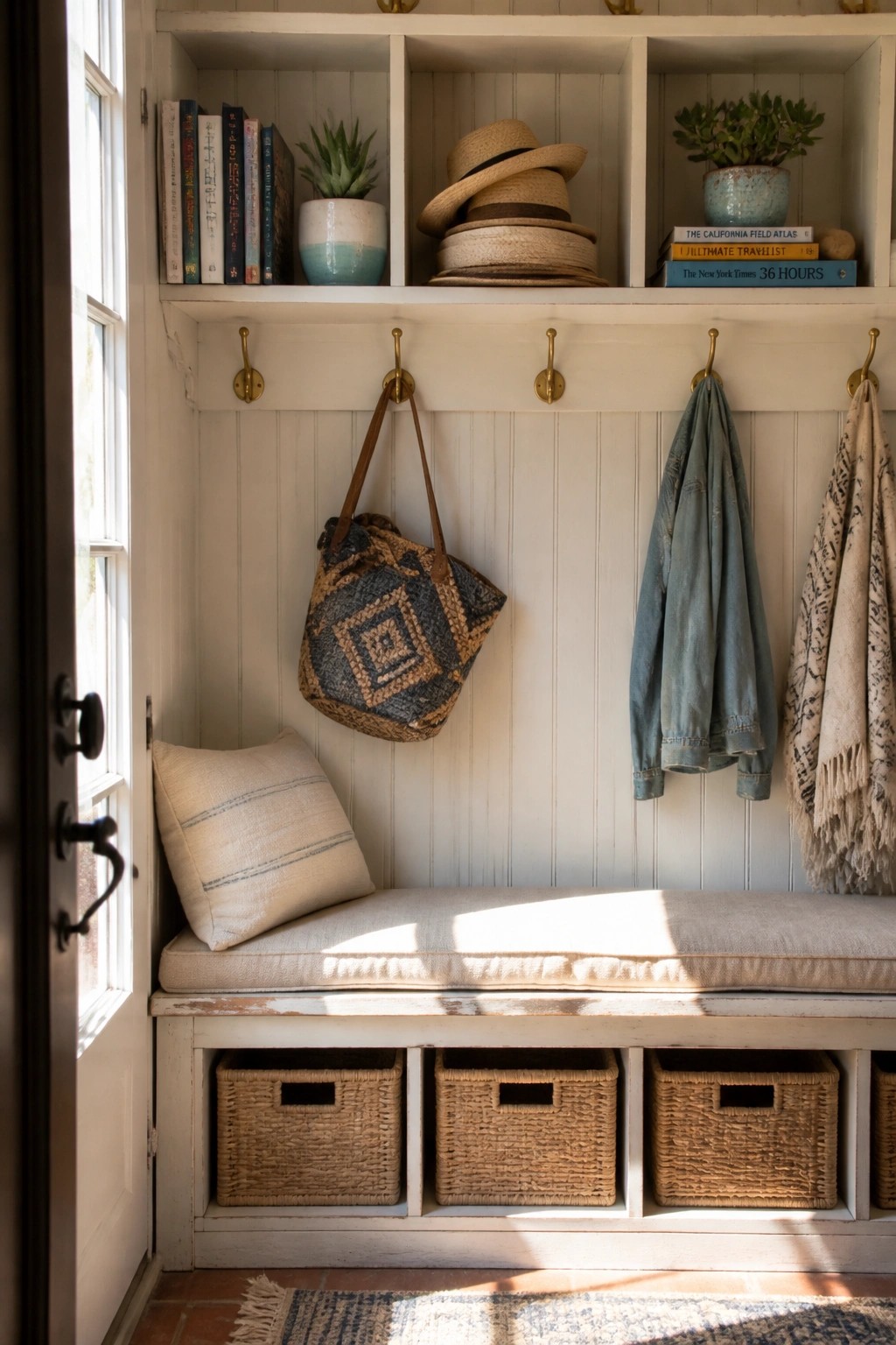 A white built-in entryway unit with upper shelves holding books, plants in pottery, and hats, brass hooks with a woven bag, denim jacket, and scarf, a cushioned bench with a pillow, and woven baskets stored below.