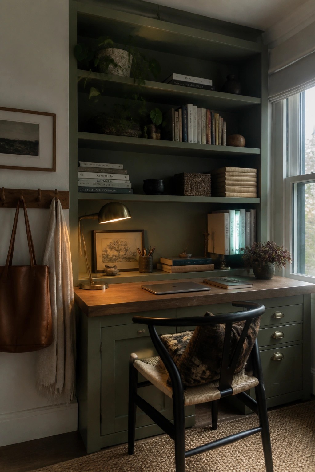 A green built-in desk and shelving unit with books, potted plants, a brass desk lamp, and a wooden chair with a patterned cushion.