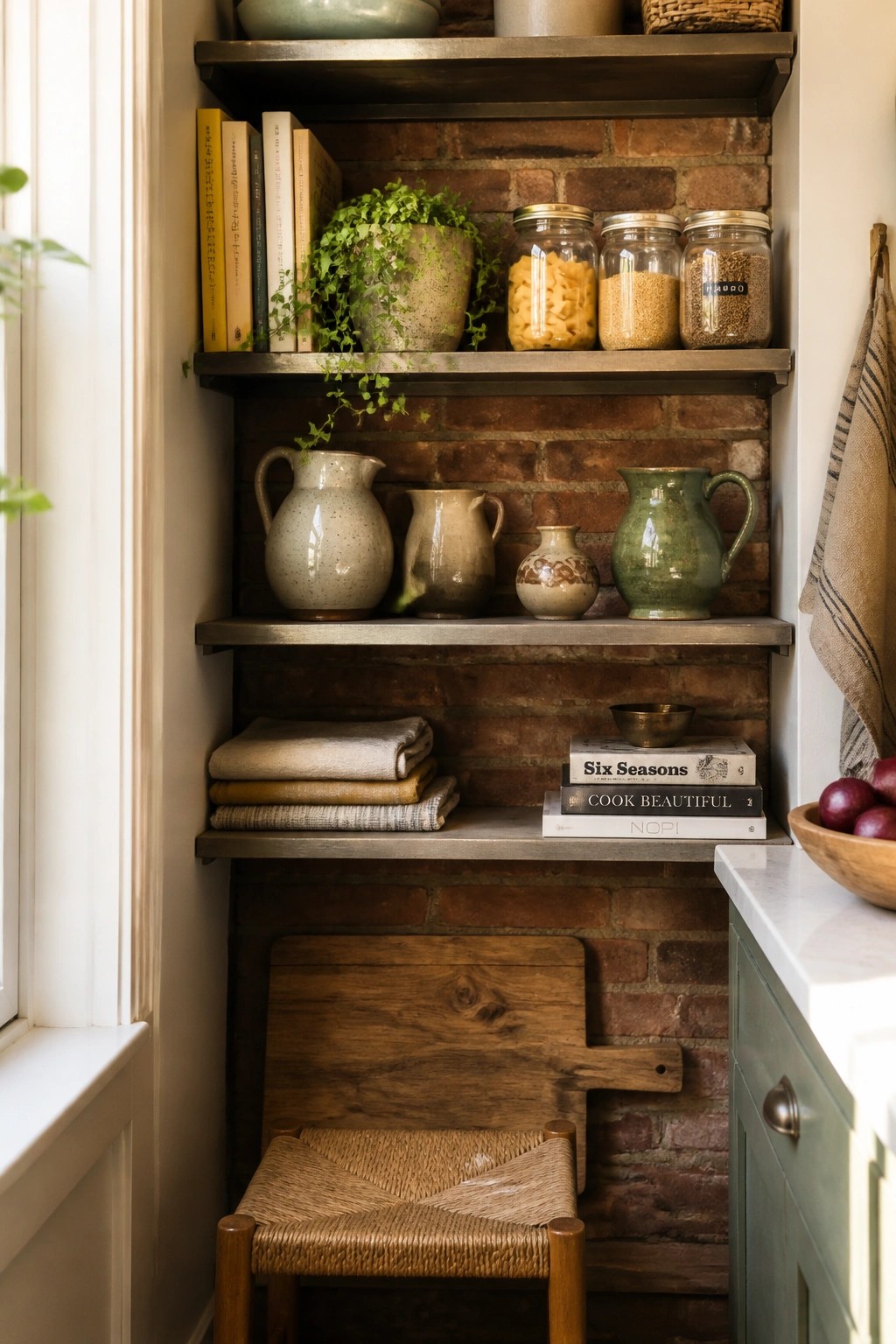 Open metal shelves mounted on a brick wall hold books, potted plants, ceramic pitchers, small vases, and glass jars filled with dry goods, with folded linens and stacked books on the lower shelf.
