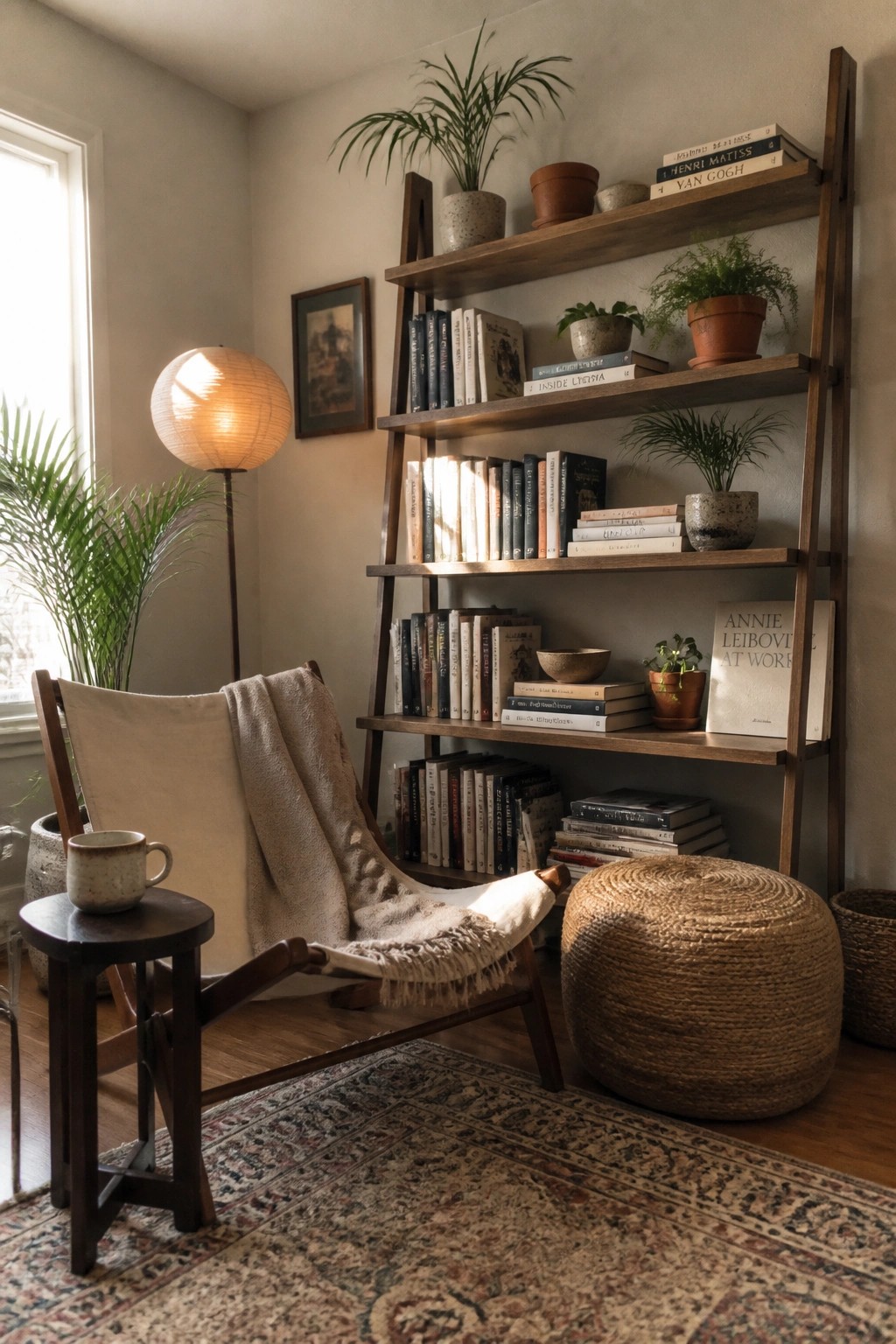 Cozy reading nook with wooden bookshelf, canvas chair, woven pouf, and plants.