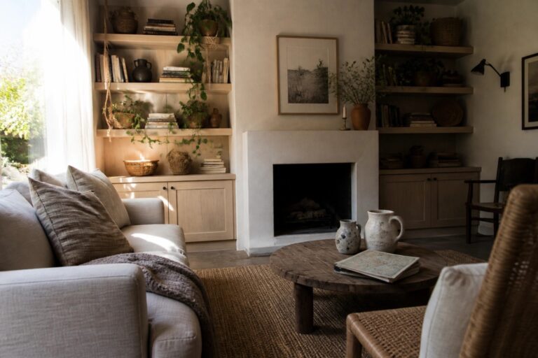 20 Practical Boho Shelf Decor Ideas Using Books Plants and Handmade Pottery A living room corner showing built-in wooden shelves filled with books, plants, and pottery around a fireplace with a light sofa and round coffee table in front.