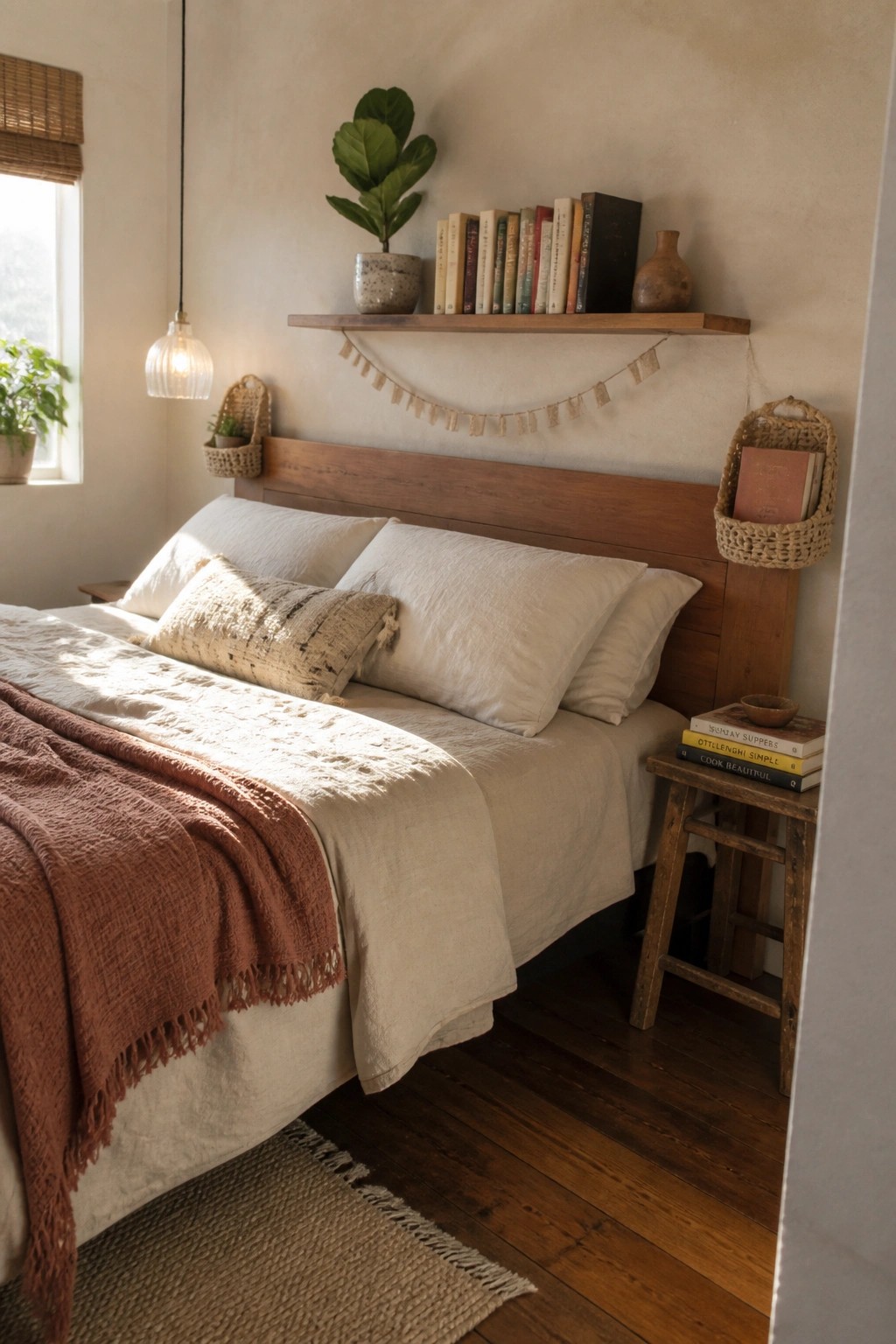 A wooden floating shelf above a bed displays books, a potted plant, and a clay vase against a plain wall.