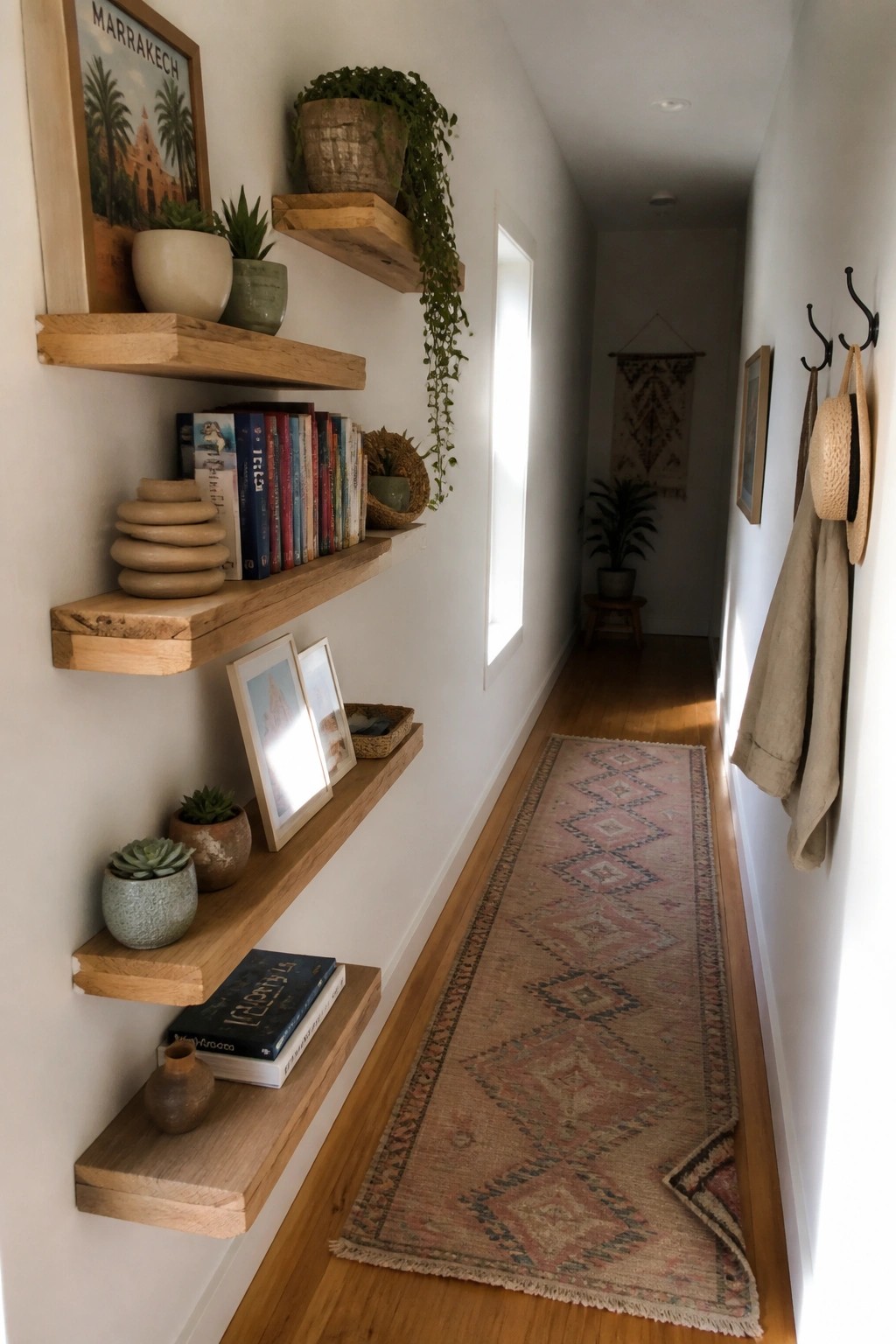 A narrow hallway with wooden floating shelves displaying books, potted plants, and pottery along one wall and a patterned runner on the wood floor.