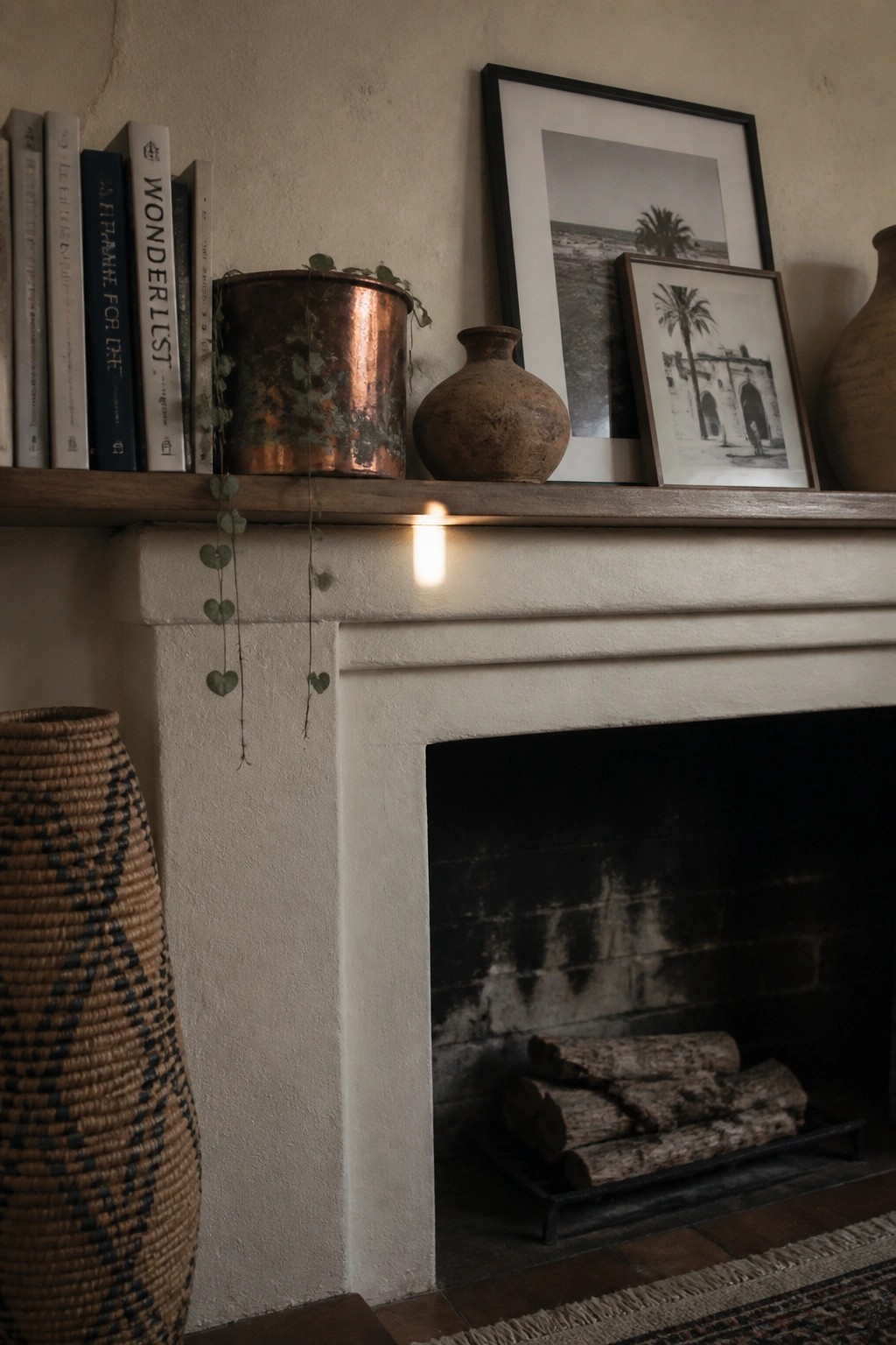A white fireplace mantel holds stacked books, a copper pot with trailing plants, a clay vase, framed photos, and a woven basket on the floor nearby.