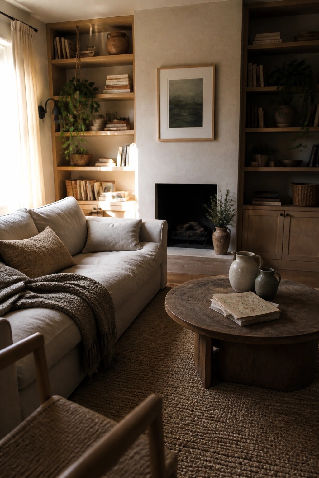 A living room corner showing built-in wooden shelves filled with books, plants, and pottery around a fireplace with a light sofa and round coffee table in front.