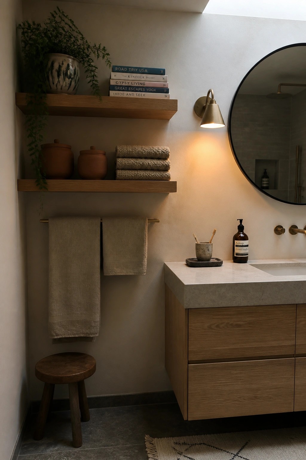 Bathroom interior showing two wooden floating shelves with stacked books, a potted plant, terracotta pots, and folded towels above a hanging towel rack next to a light wood vanity.