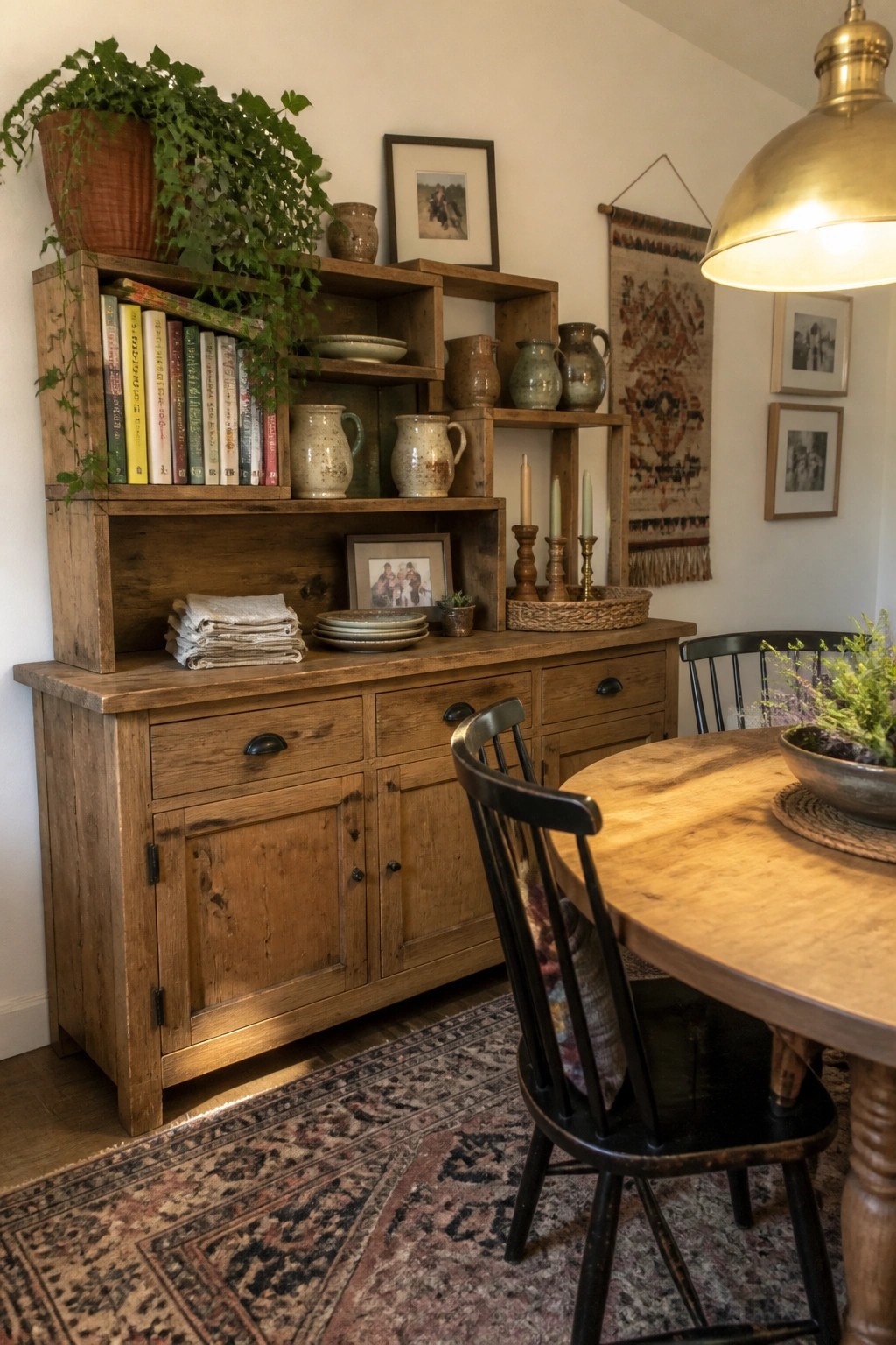 Rustic wooden hutch with books, pottery, and plants beside round dining table under brass light