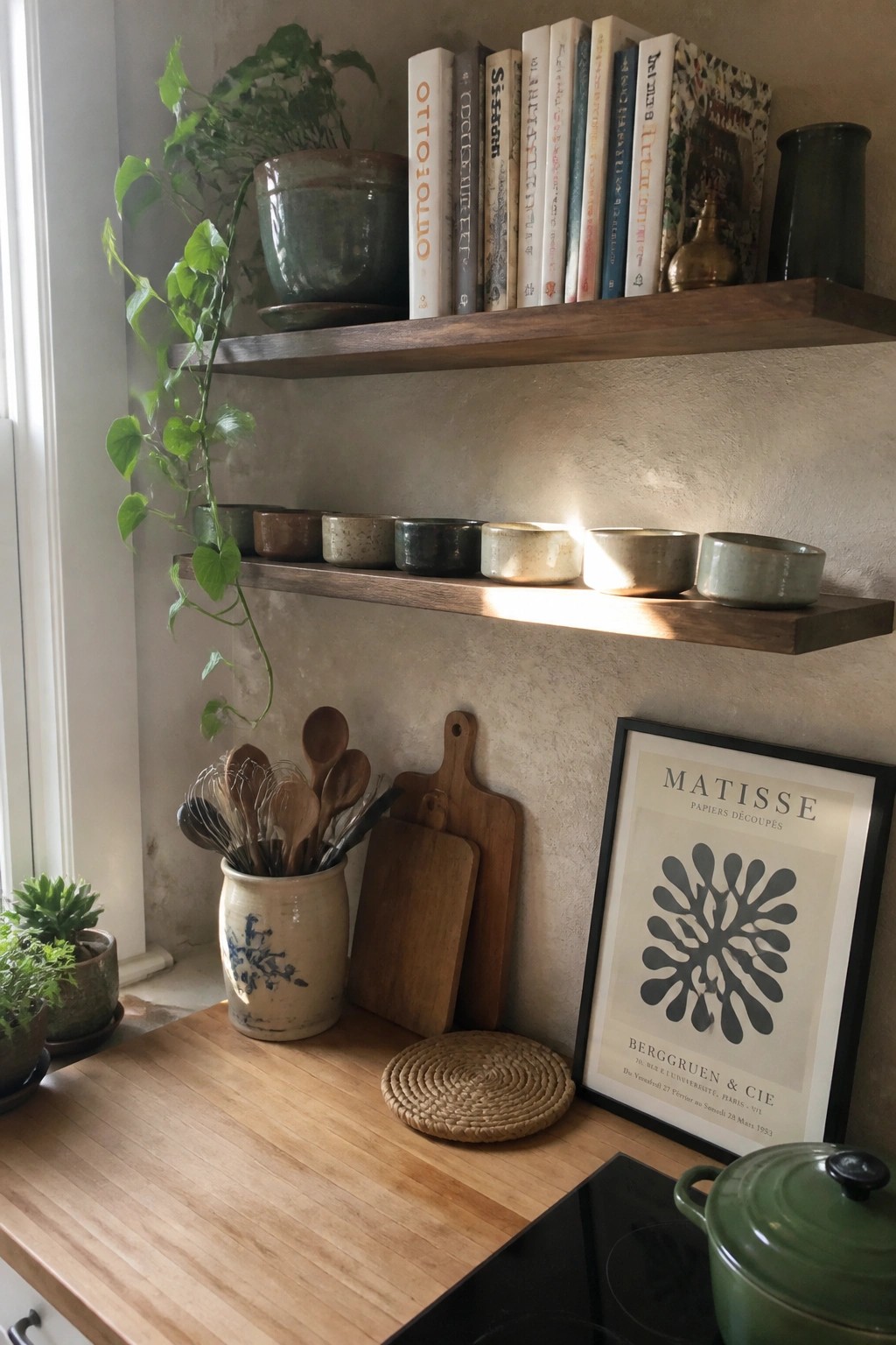 Wooden floating shelves above a kitchen counter hold books, small ceramic bowls, and potted plants, with wooden cutting boards and a framed print visible below.