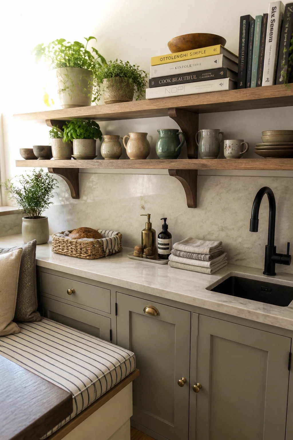 Cozy kitchen nook with striped bench, marble counter, black sink, and plant-filled shelves.