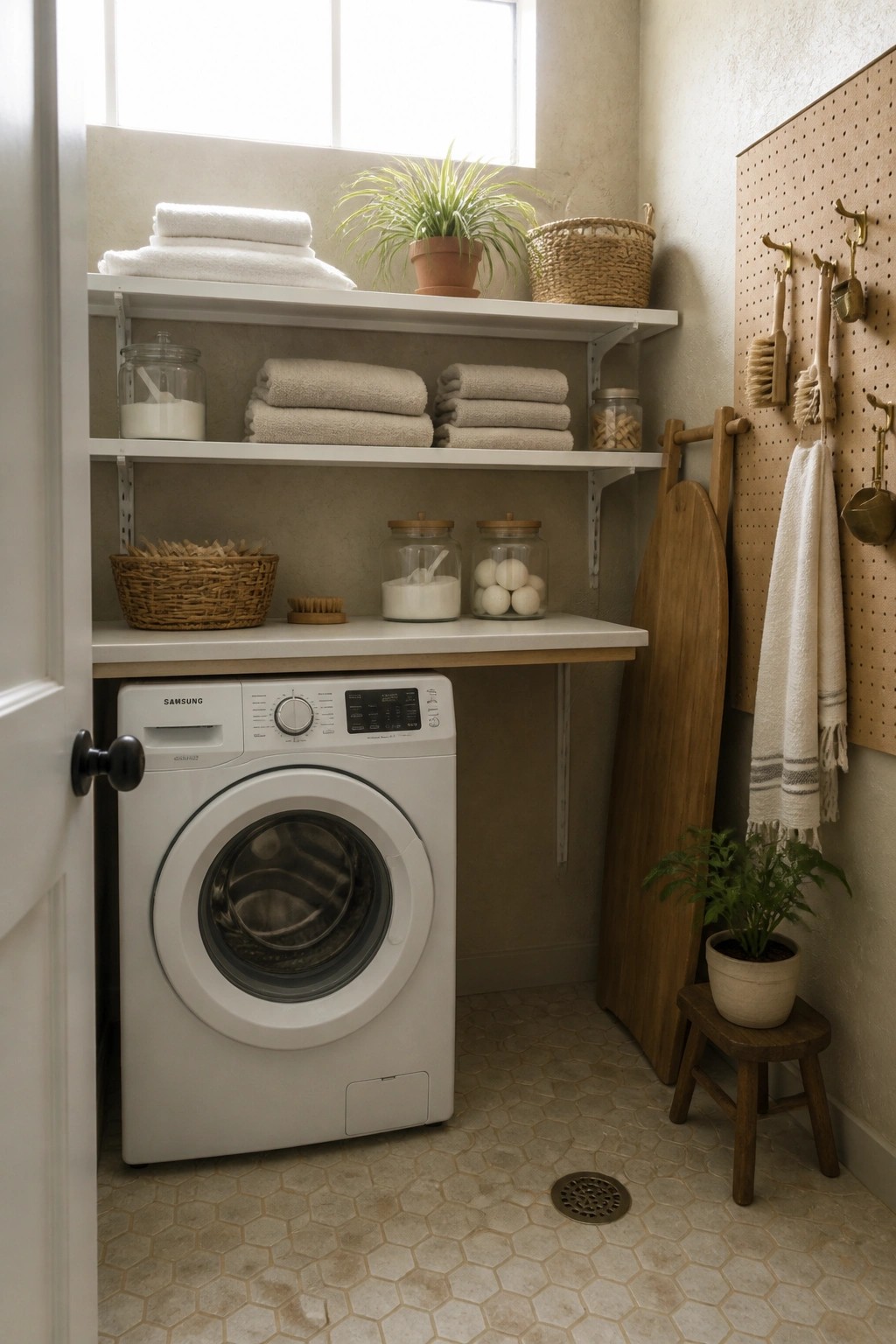 A white front-loading washing machine sits beneath two white open shelves holding folded towels, glass jars with supplies, a potted plant, and woven baskets in a laundry room with a pegboard on the right wall.