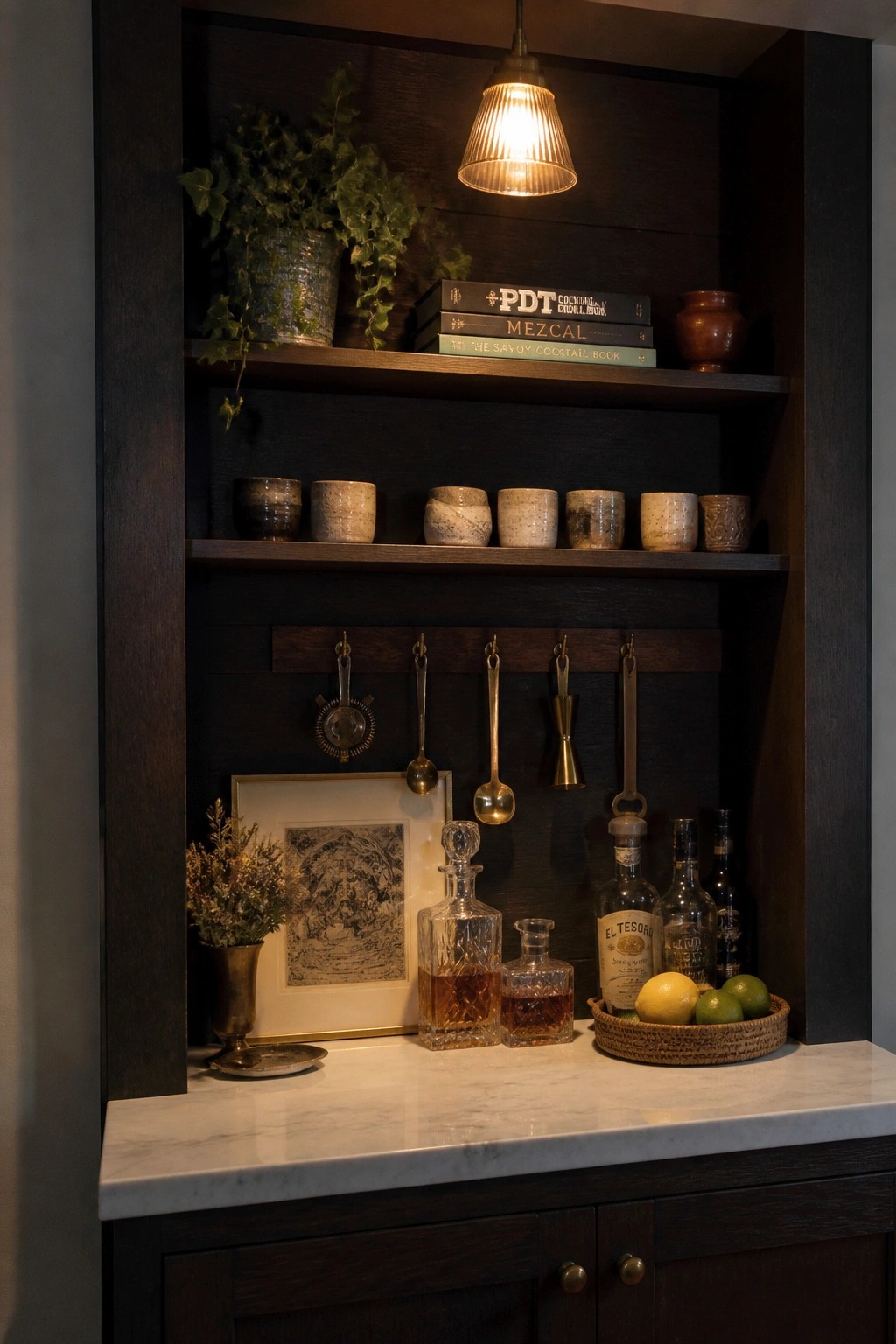 A dark wood built-in bar niche with marble countertop, open shelves holding stacks of books and rows of ceramic cups, hanging bar tools, glass decanters, and potted plants.