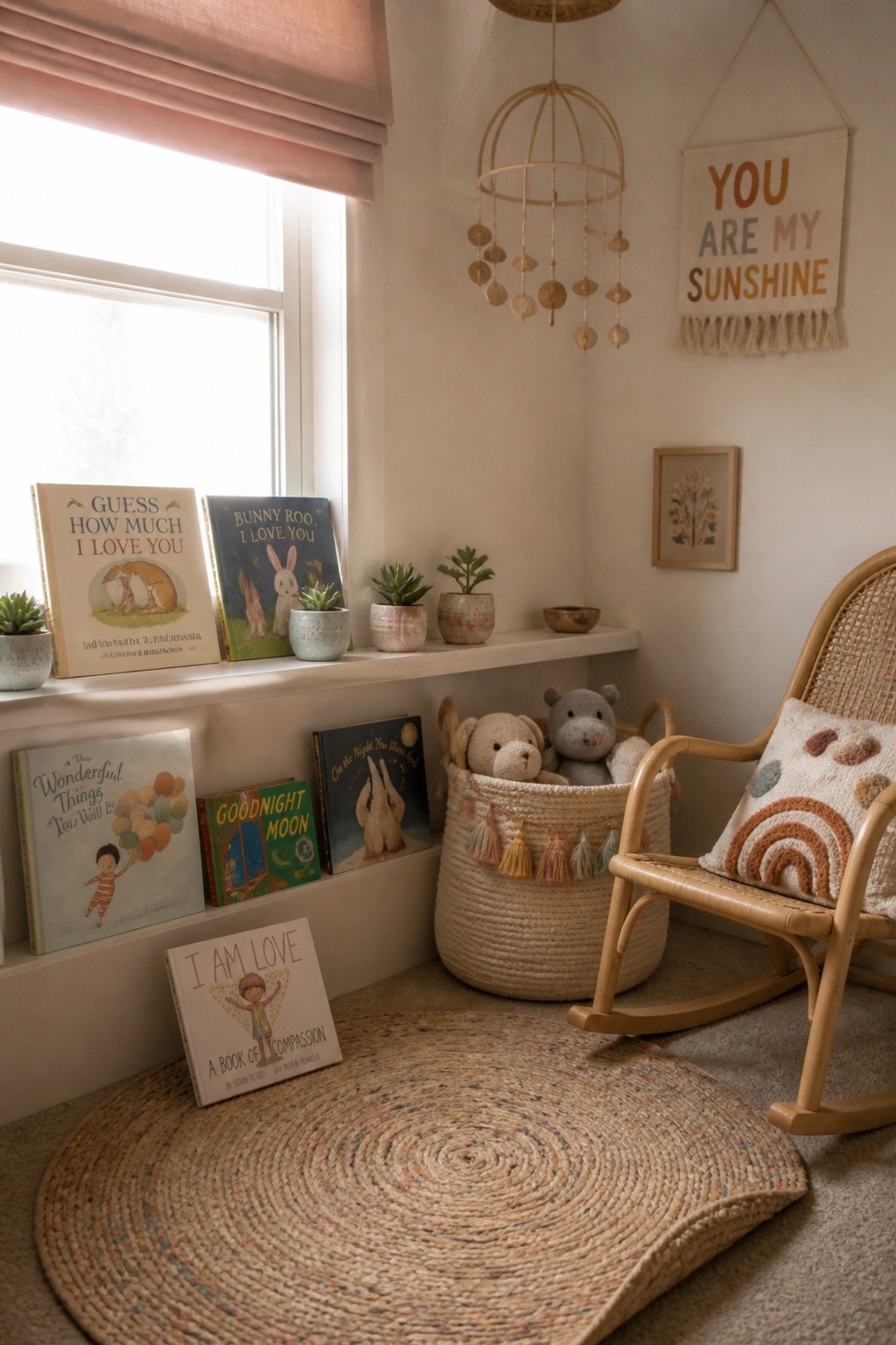 Cozy children's nook with books on shelf, rattan rocker, toy basket, and round rug.