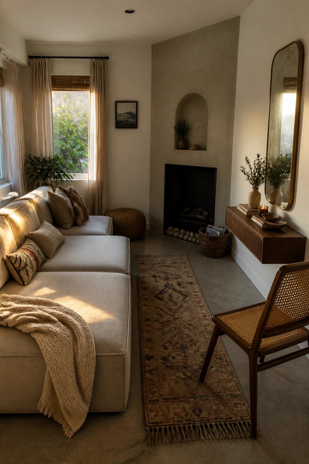 A small living room with a light sectional sofa, narrow patterned runner rug, black fireplace, and wall-mounted wooden console table beneath a tall mirror.