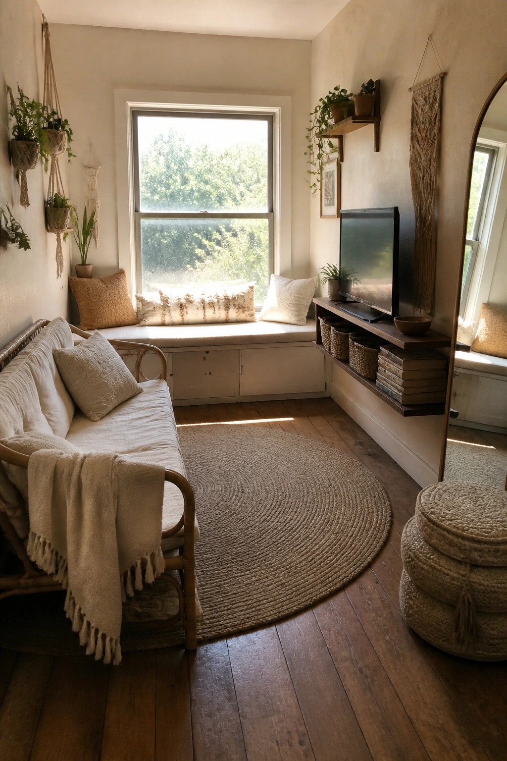 Cozy bohemian room with rattan sofa, window bench, round rug, TV shelf, and macrame.