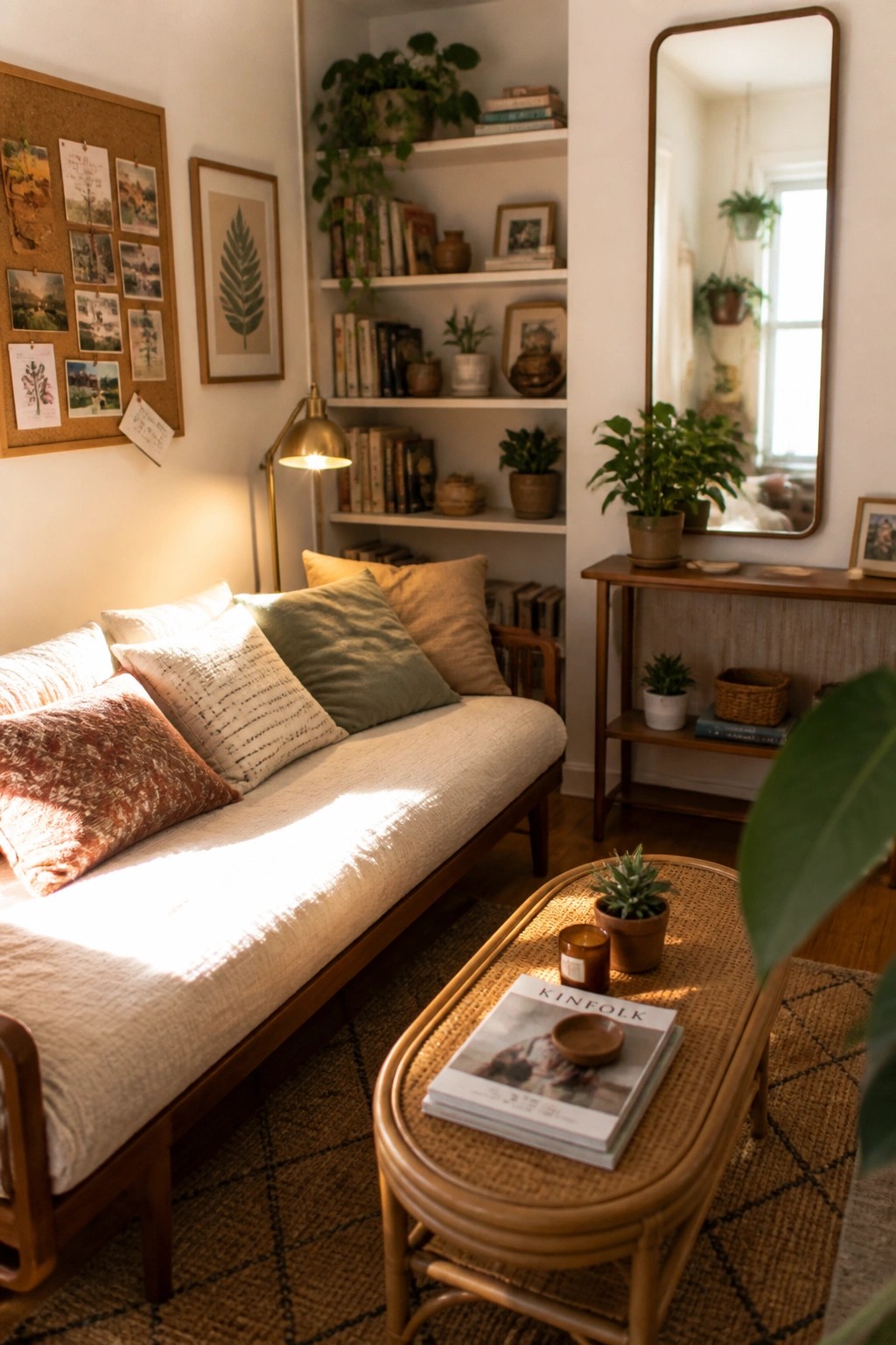 A cozy small living room featuring a white daybed with pillows, built-in white shelves filled with books and plants, a rattan coffee table, and a tall mirror on the wall.