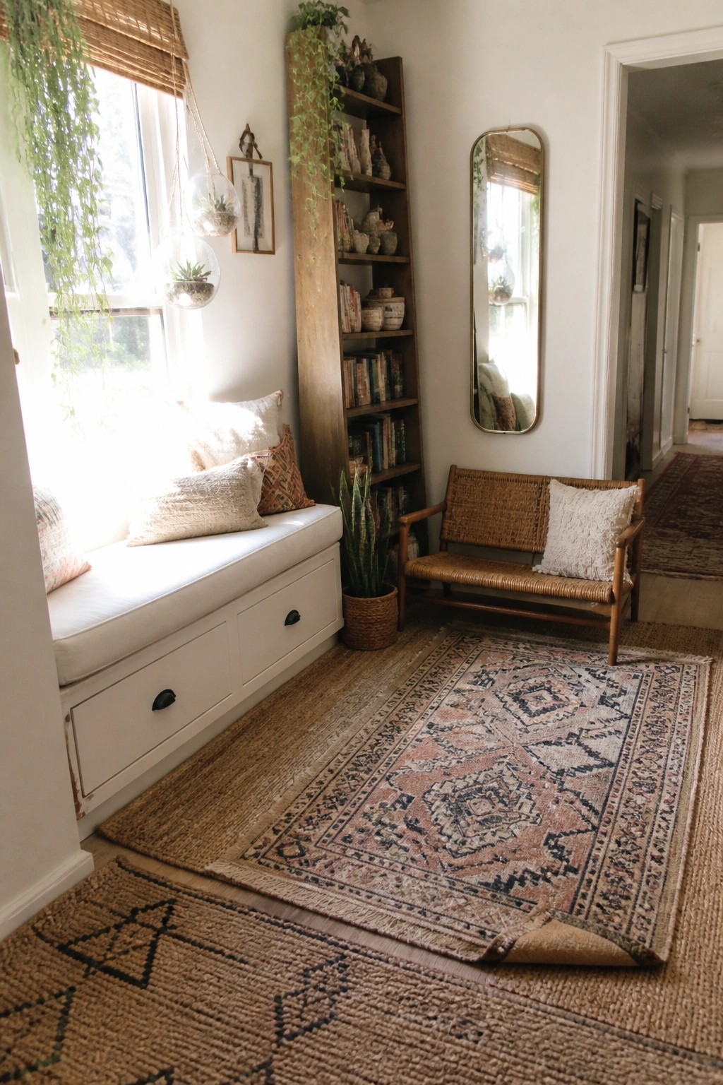 A small boho living area with a white window seat that has storage drawers, a tall wooden bookshelf beside it, a woven bench, and layered rugs on a wood floor.