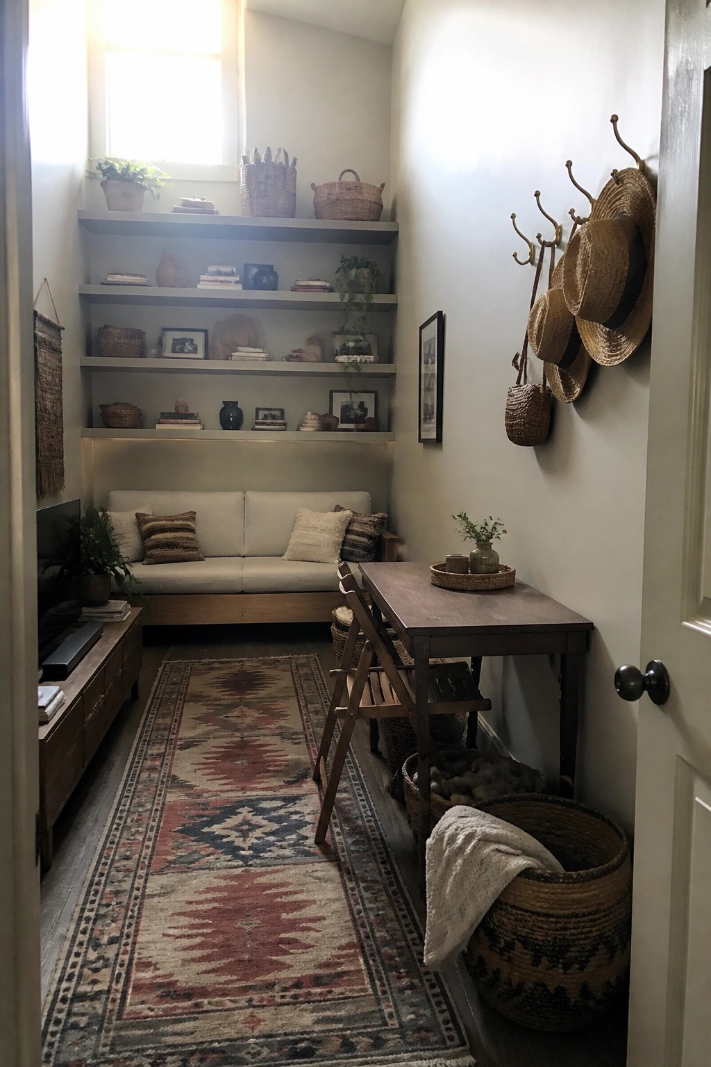 A narrow living room with a white sofa beneath built-in gray shelves holding baskets, books, and plants, plus a wooden table with folding chairs and a patterned rug.